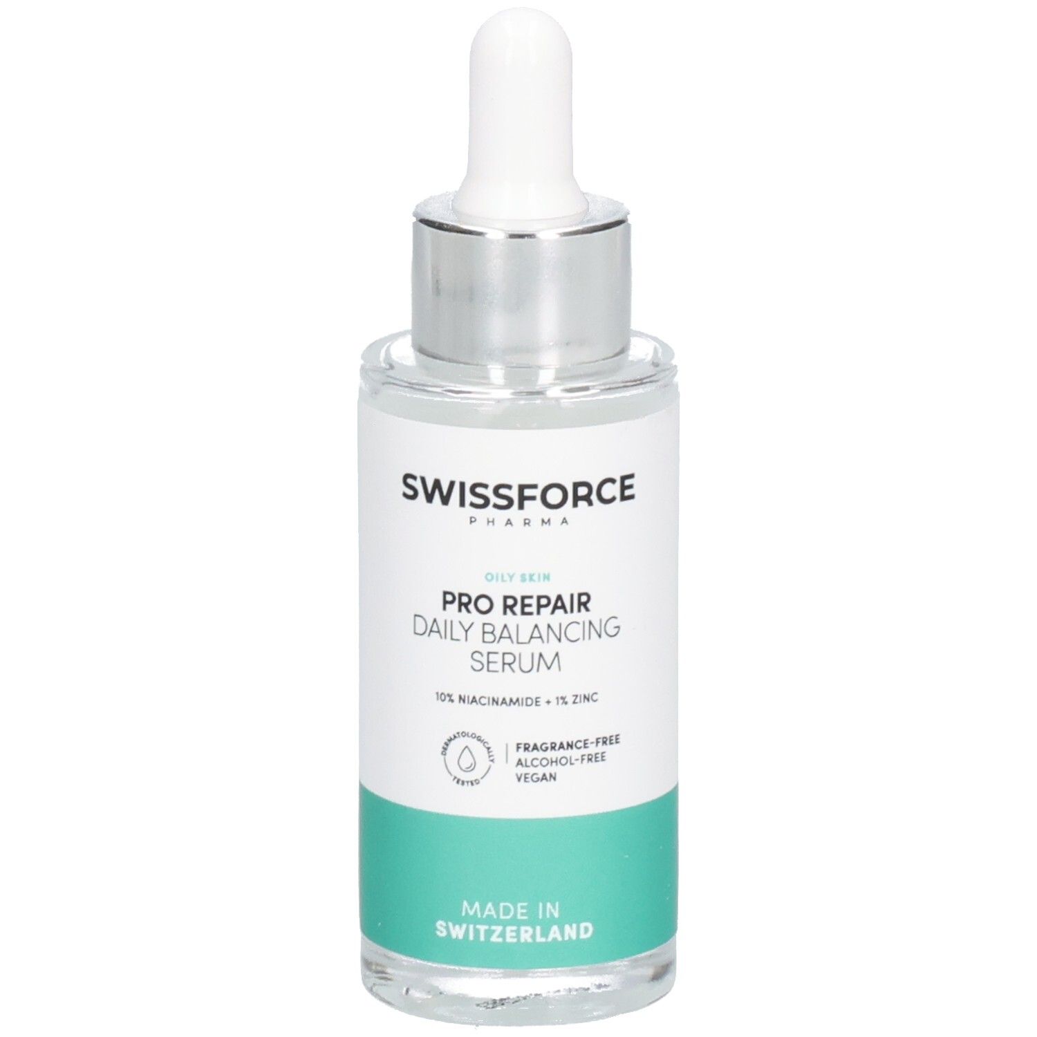 Serumflasche mit Pipette. Aufschrift: SWISSFORCE Pharma, PRO REPAIR Daily Balancing Serum, 10% Niacinamid + 1% Zink. Hergestellt in der Schweiz.