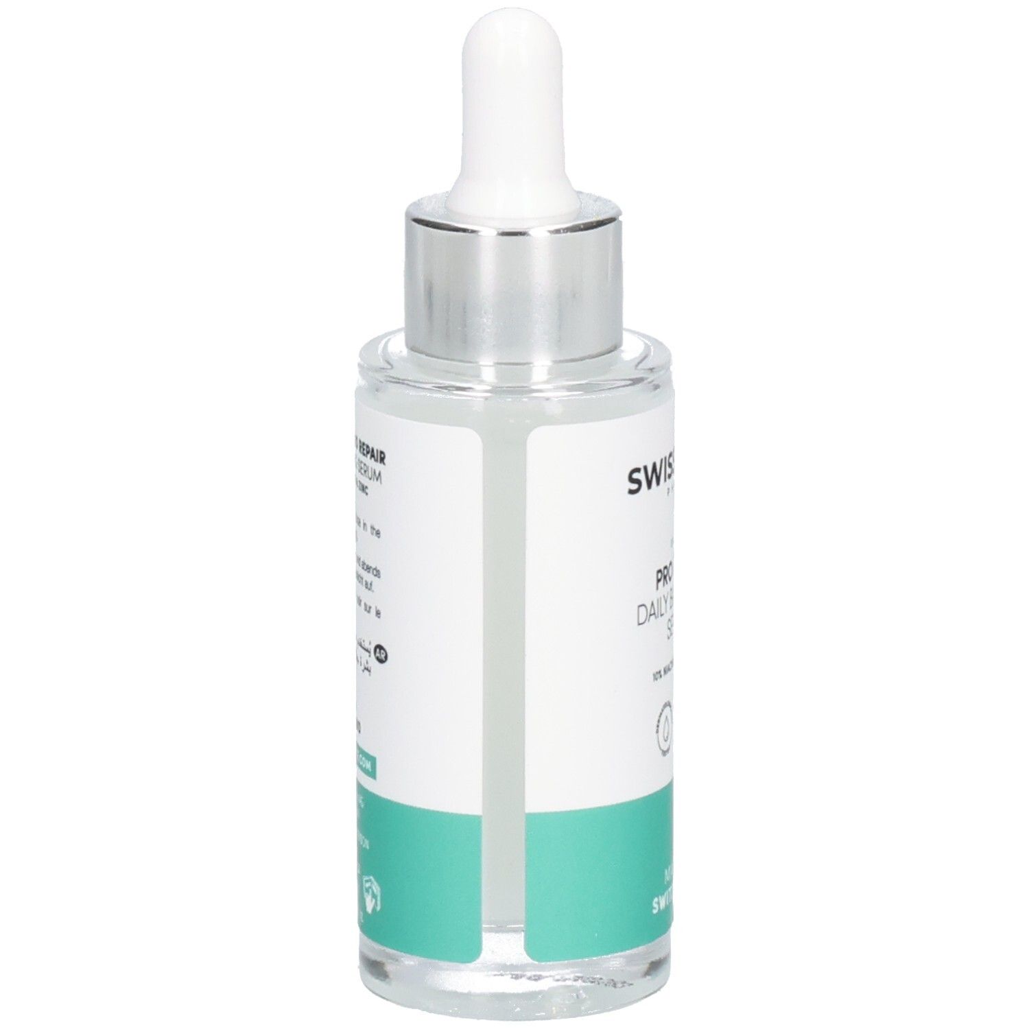 Rückansicht der Serumflasche. Aufschrift: SWISSFORCE Pharma, PRO REPAIR Daily Balancing Serum. Hergestellt in der Schweiz. Mit Anwendungsanleitung.