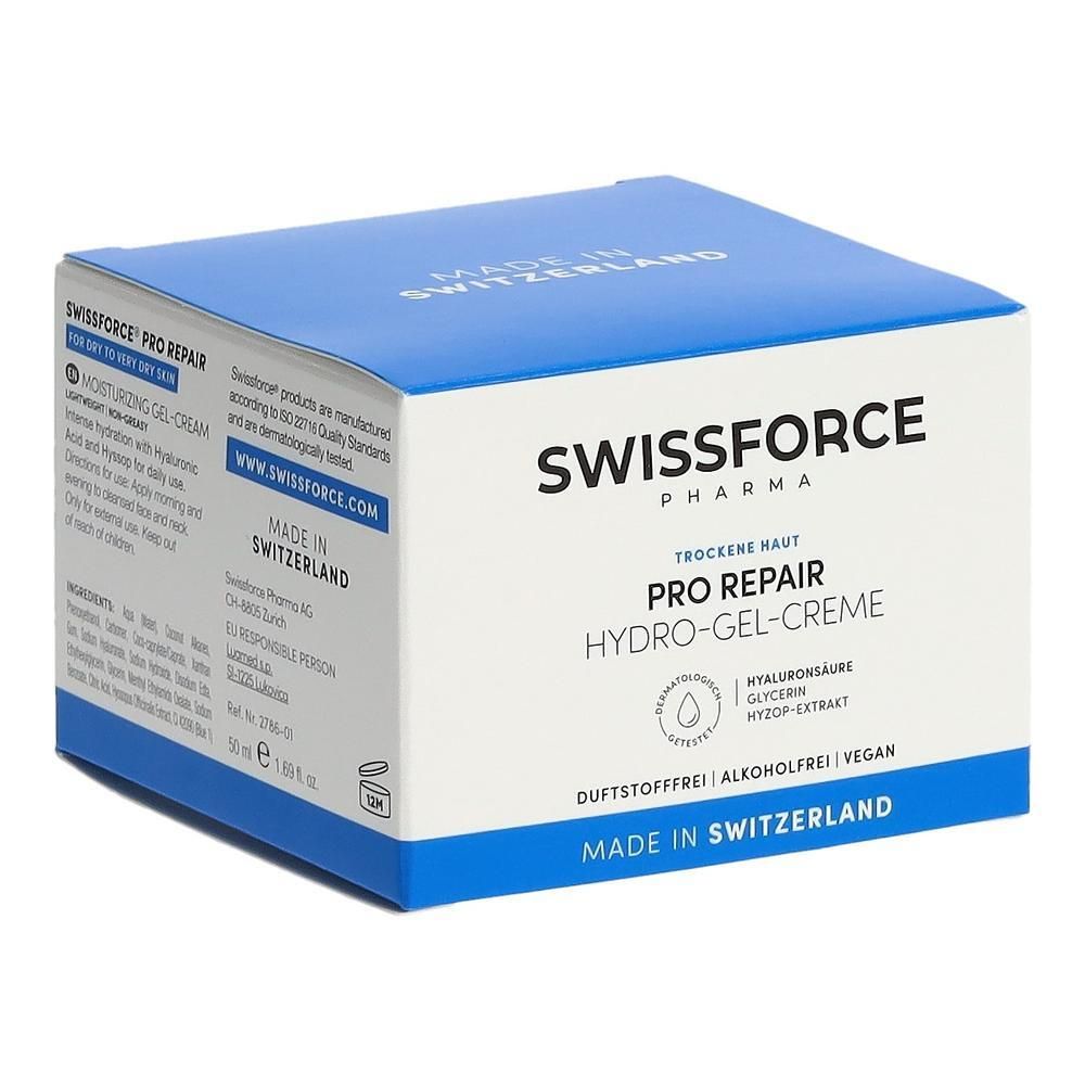 Blauer und weißer Karton mit SWISSFORCE PRO REPAIR Hydro-Gel-Creme. Text: Made in Switzerland, vegan, alkoholfrei.