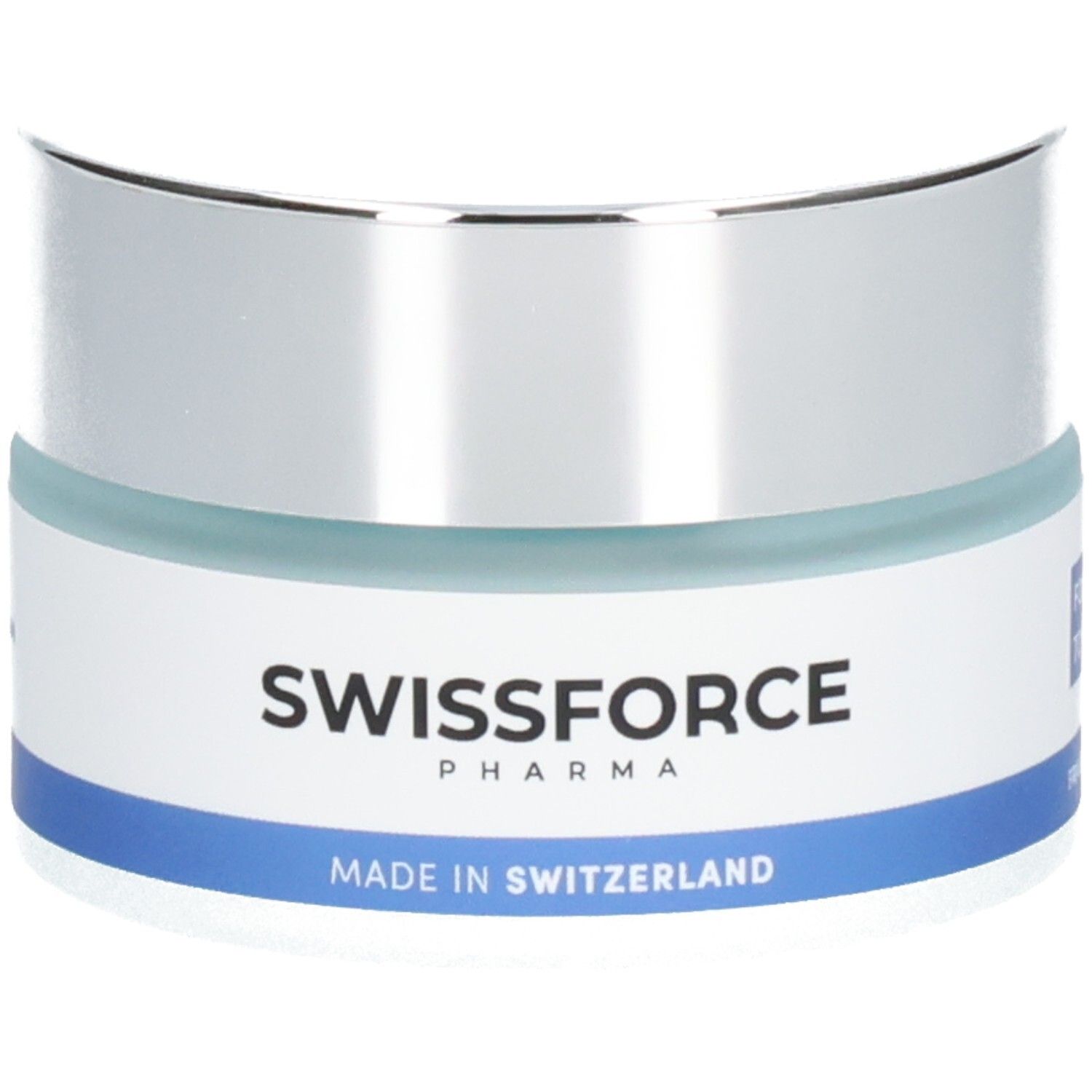 Creme-Tiegel mit silbernem Deckel und blauem Streifen. Text: SWISSFORCE, Made in Switzerland.