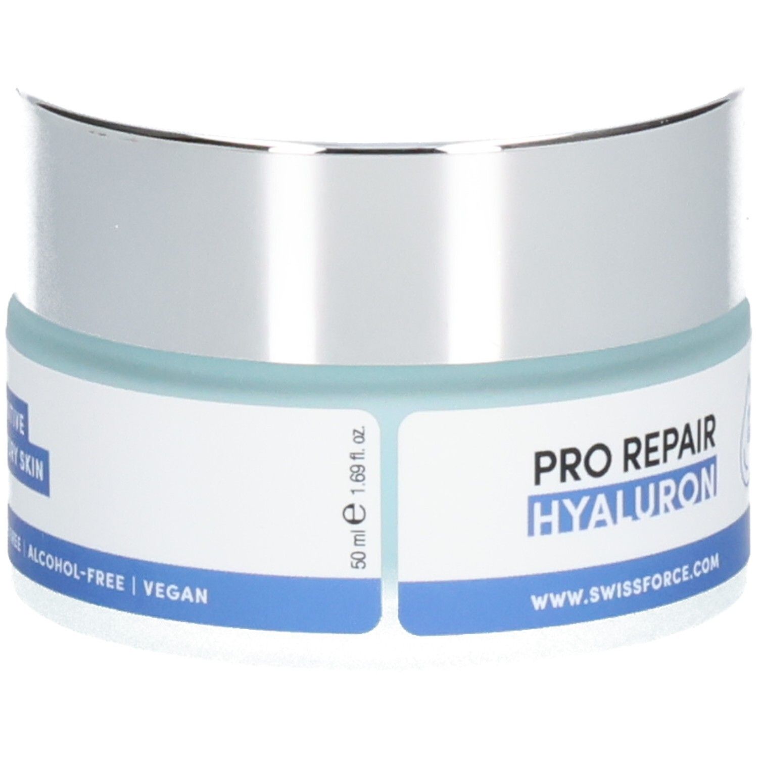 Creme-Tiegel mit silbernem Deckel und blauem Streifen. Text: PRO REPAIR HYALURON, alkoholfrei, vegan.