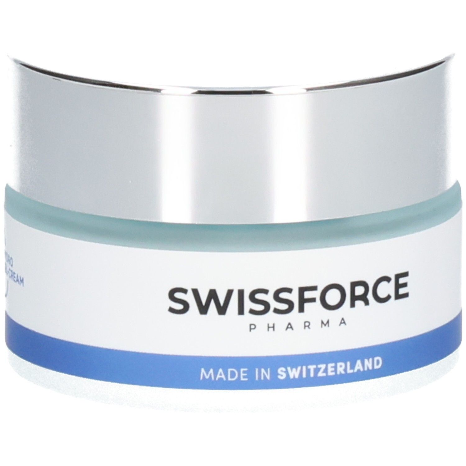 Creme-Tiegel mit silbernem Deckel und blauem Streifen. Text: SWISSFORCE, Made in Switzerland.