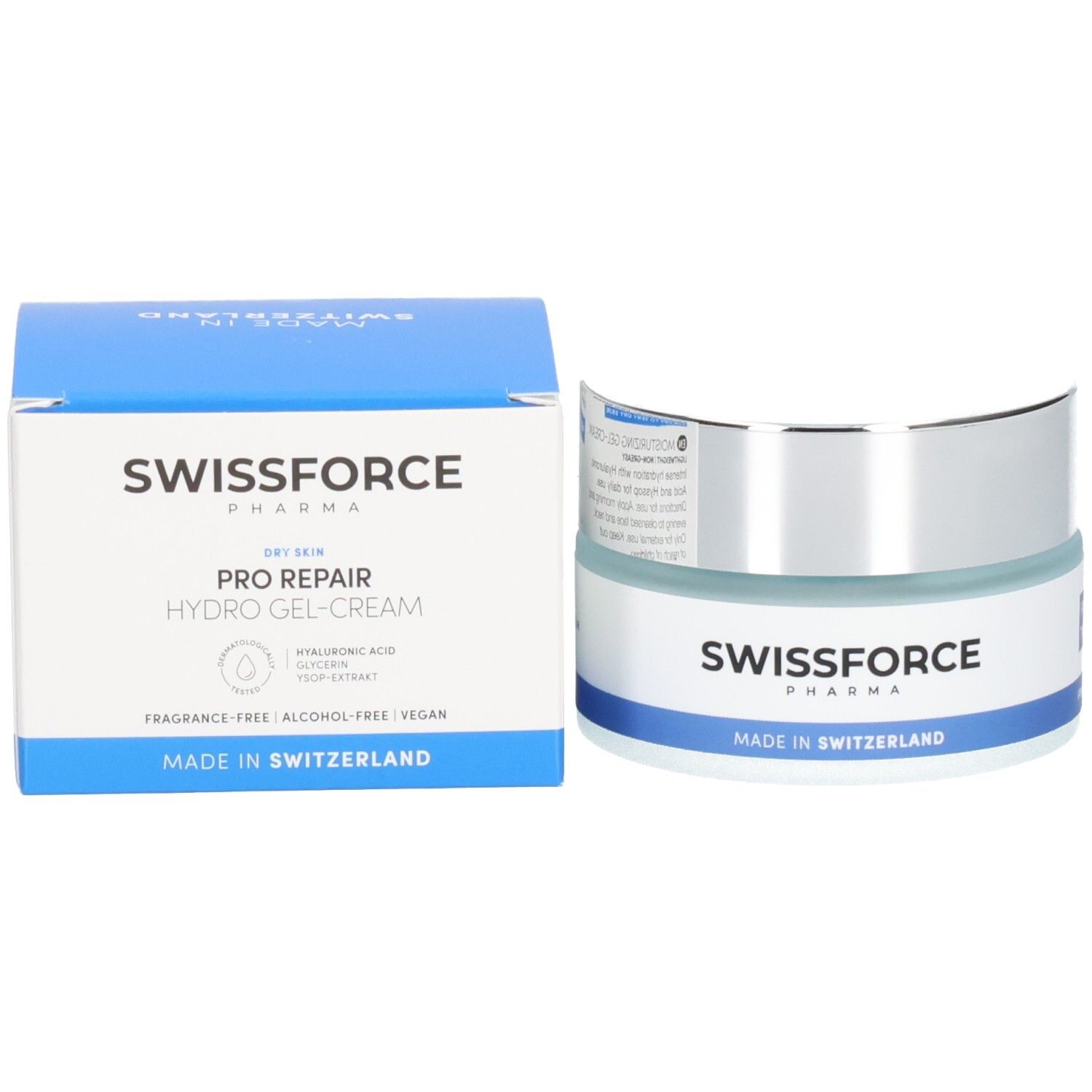 Creme-Tiegel und Karton. Text: SWISSFORCE PRO REPAIR Hydro-Gel-Creme, Made in Switzerland, vegan.