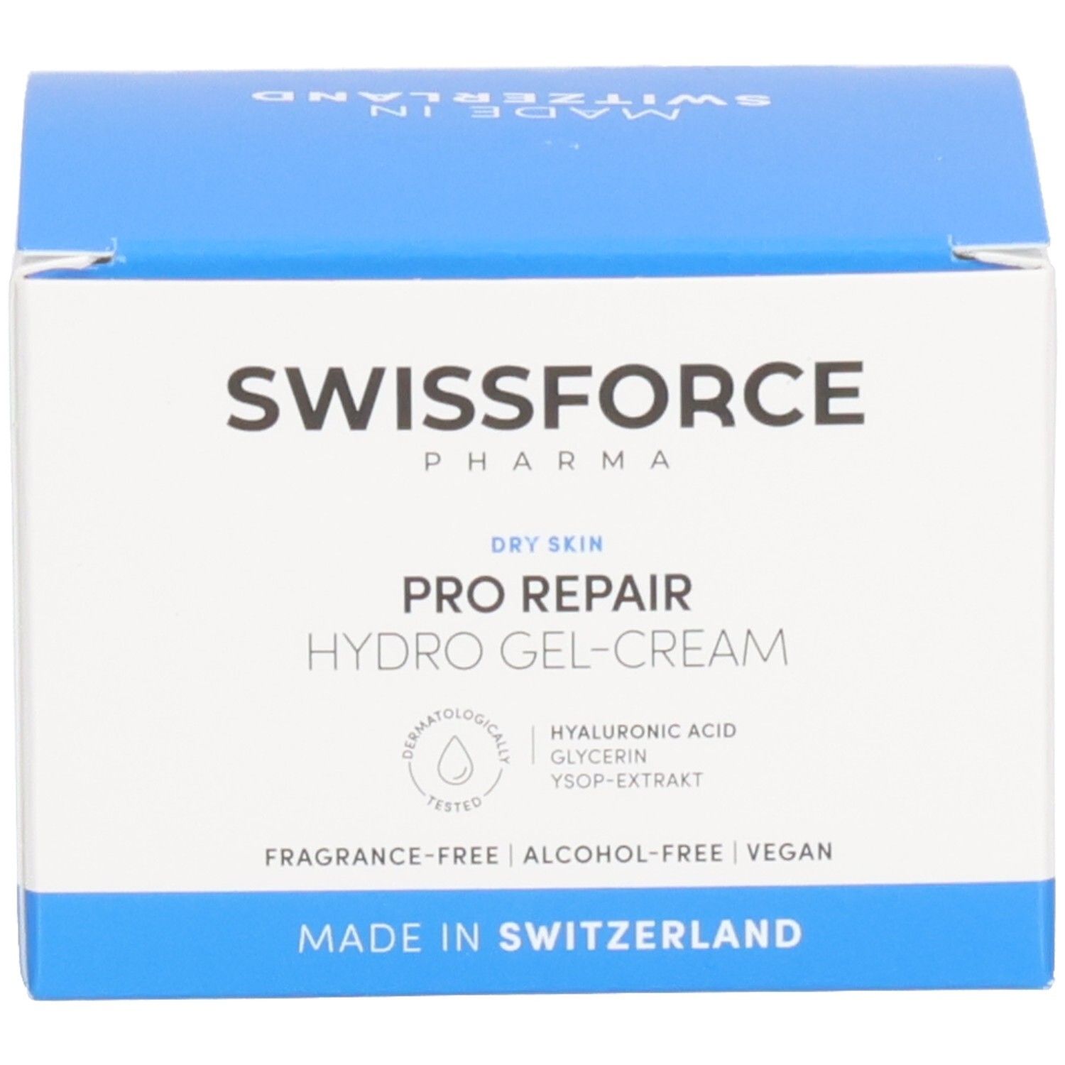 Blauer und weißer Karton mit SWISSFORCE PRO REPAIR Hydro-Gel-Creme. Text: dermatologisch getestet, vegan.