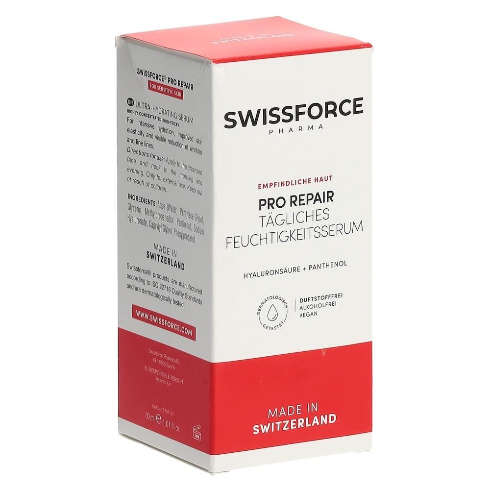 Weiß-rote Schachtel mit Serum. Aufschrift: SWISSFORCE Pharma, PRO REPAIR, tägliches Feuchtigkeitsserum. Hergestellt in der Schweiz.