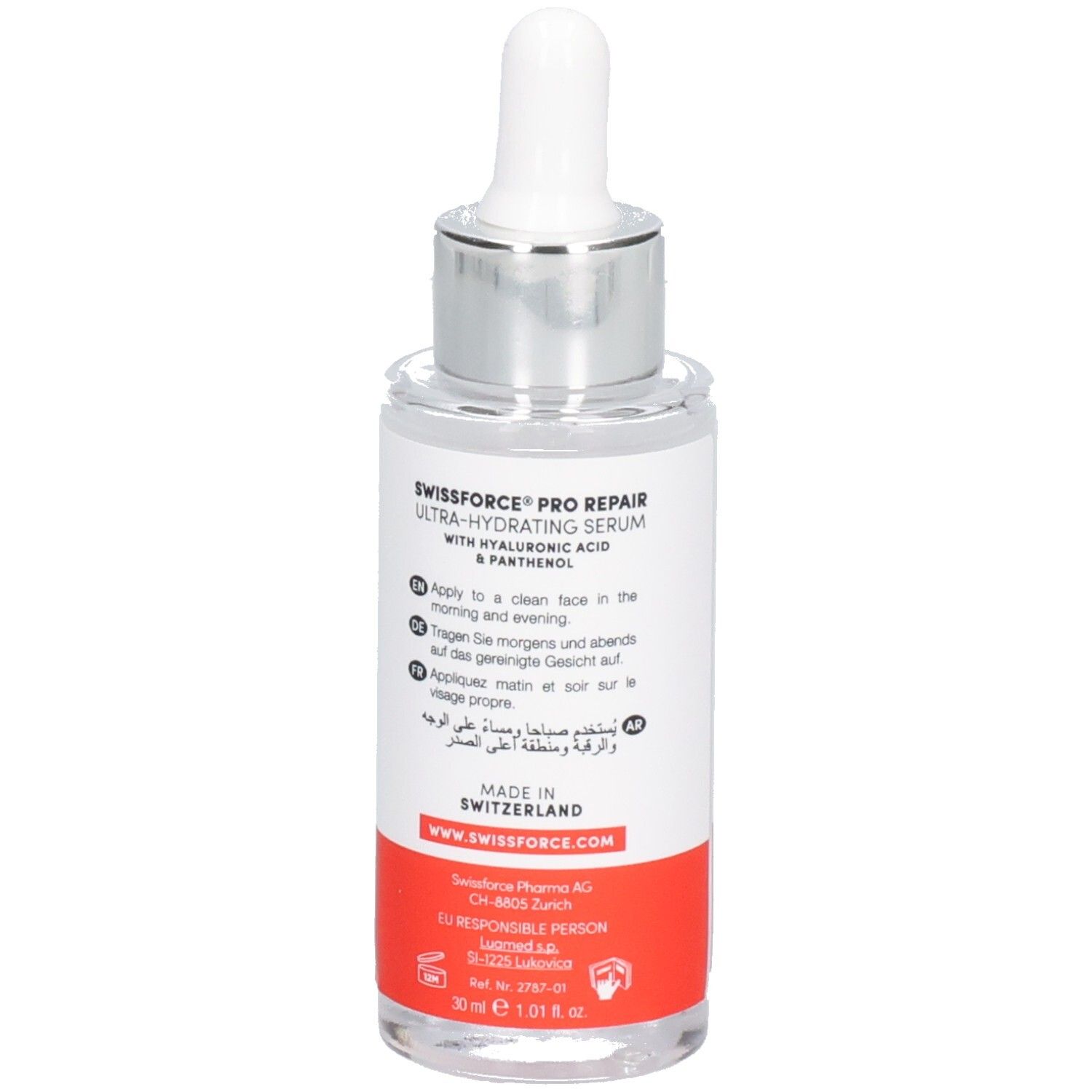Serumflasche mit Pipette. Aufschrift: SWISSFORCE Pharma, PRO REPAIR, Daily Hydrating Serum. Hergestellt in der Schweiz. Vegan.