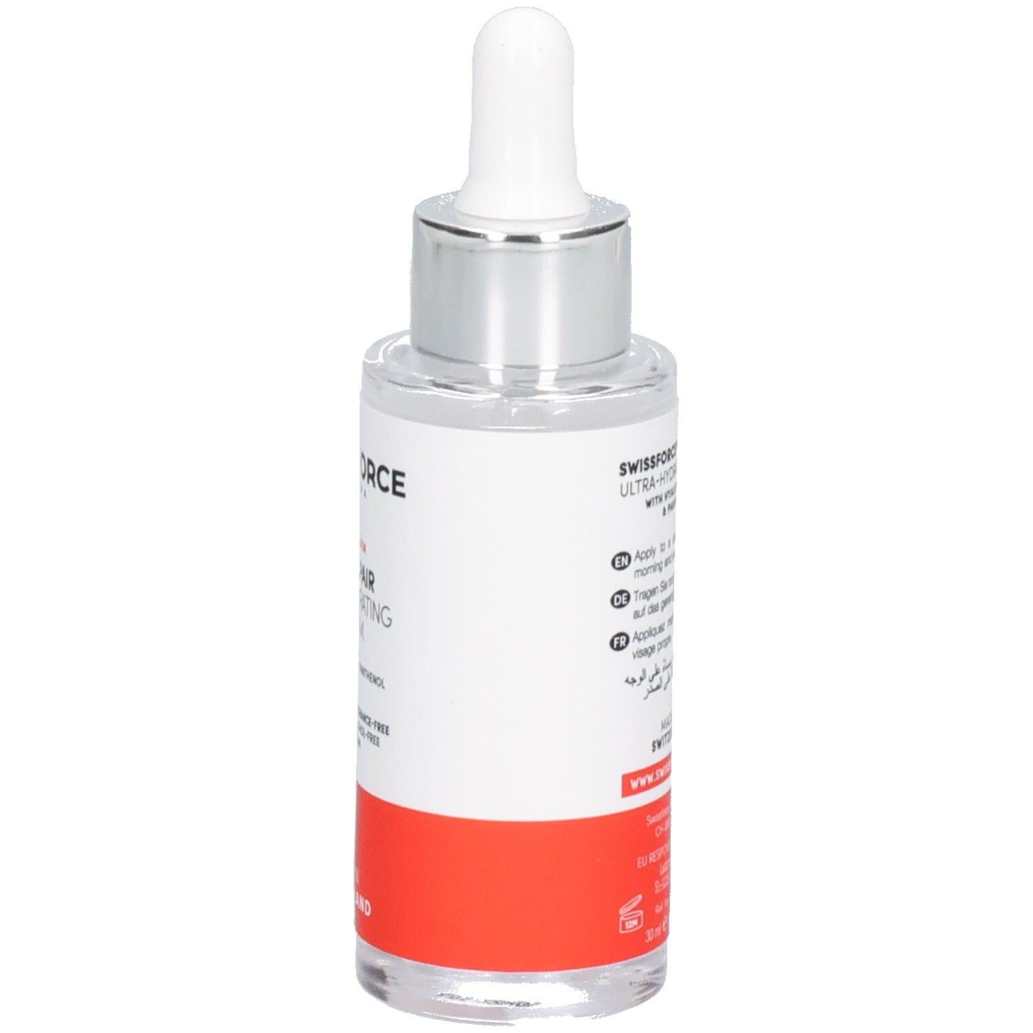 Serumflasche mit Pipette. Aufschrift: SWISSFORCE Pharma, PRO REPAIR, Daily Hydrating Serum. Hergestellt in der Schweiz. Vegan.