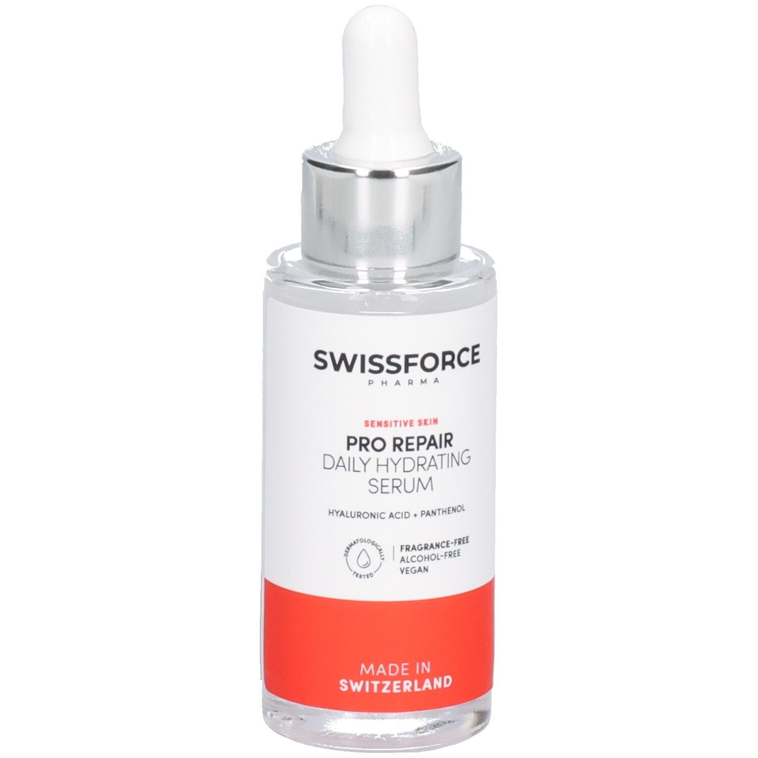 Serumflasche mit Pipette. Aufschrift: SWISSFORCE Pharma, PRO REPAIR, Daily Hydrating Serum. Hergestellt in der Schweiz. Vegan.