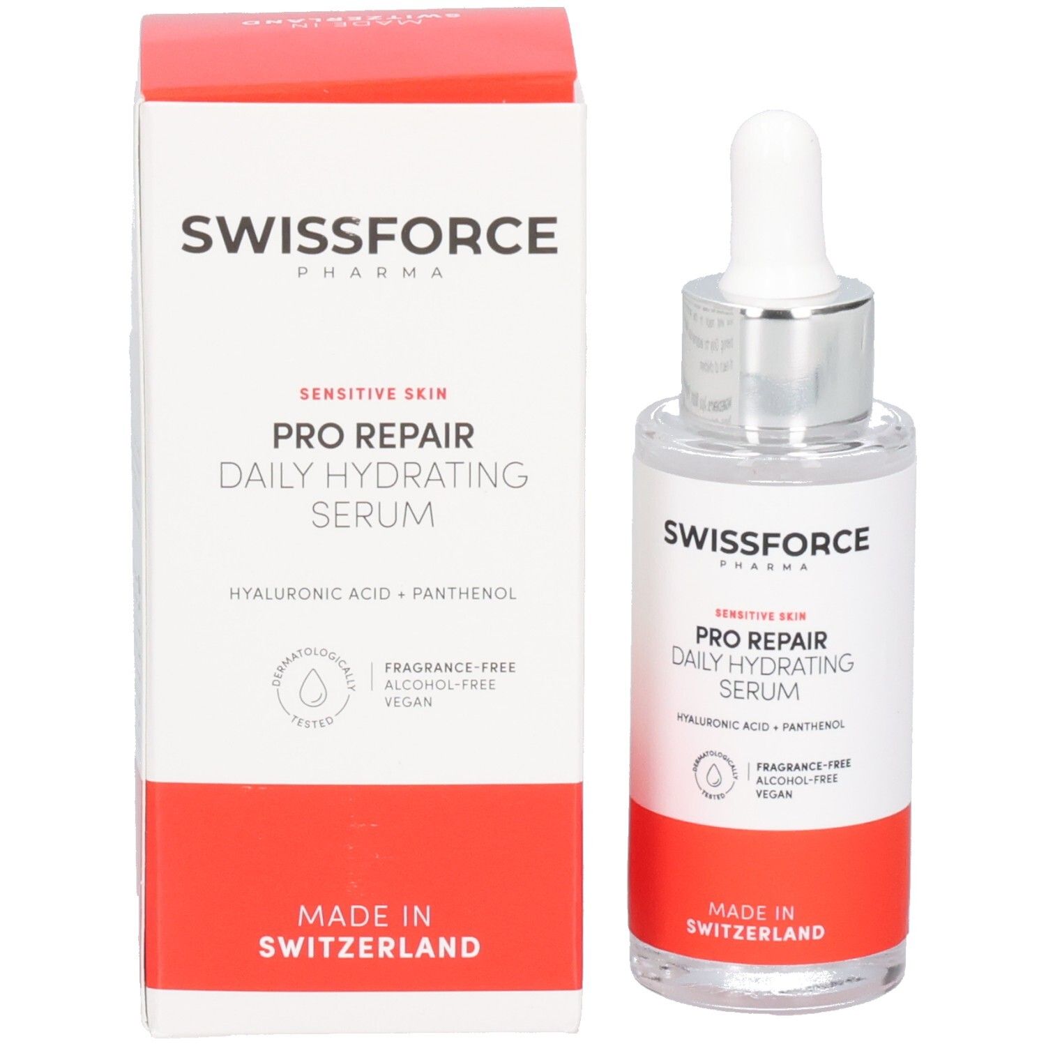 Serumflasche und Schachtel. Aufschrift: SWISSFORCE Pharma, PRO REPAIR, Daily Hydrating Serum. Hergestellt in der Schweiz. Vegan.