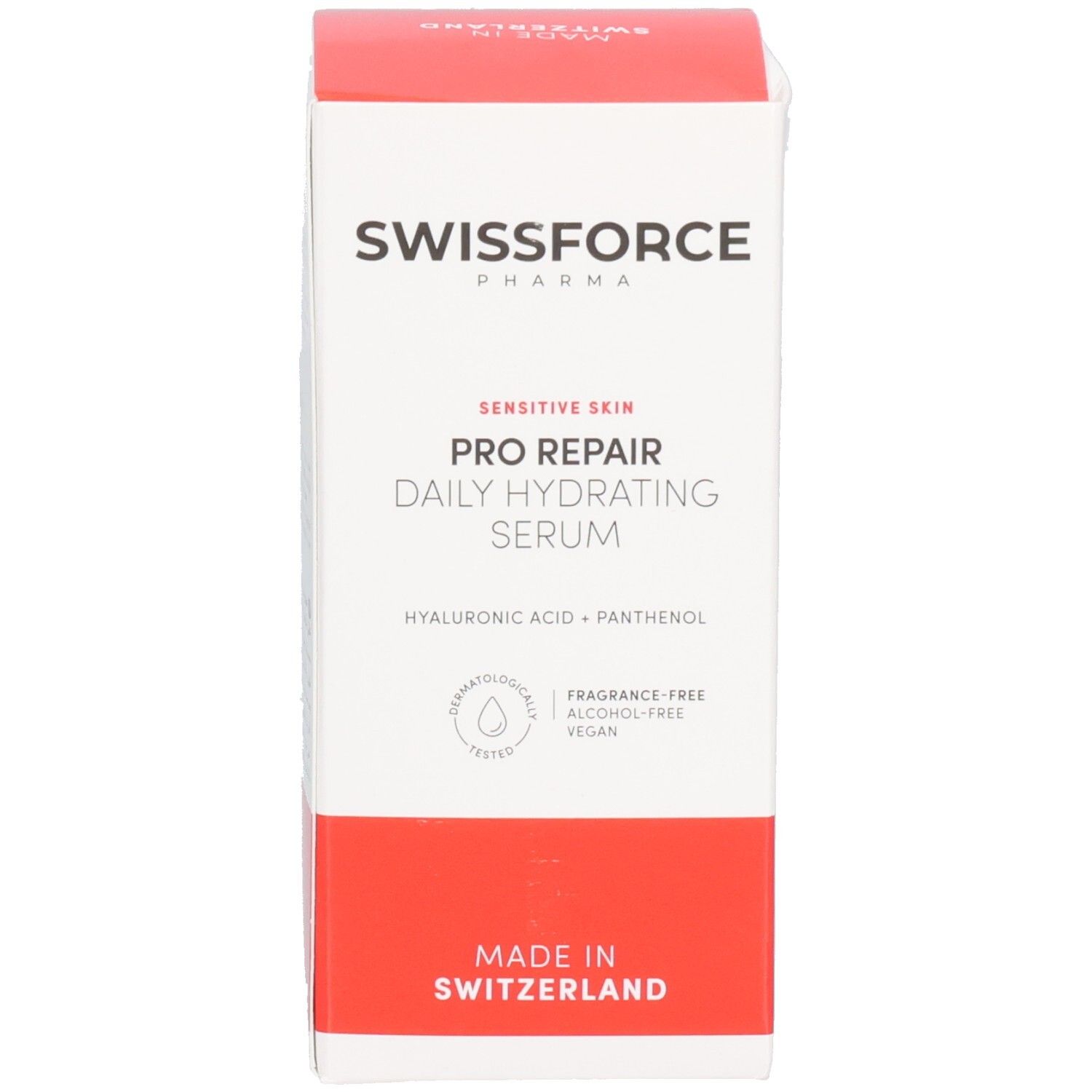 Weiß-rote Schachtel mit Serum. Aufschrift: SWISSFORCE Pharma, PRO REPAIR, Daily Hydrating Serum. Hergestellt in der Schweiz. Vegan.