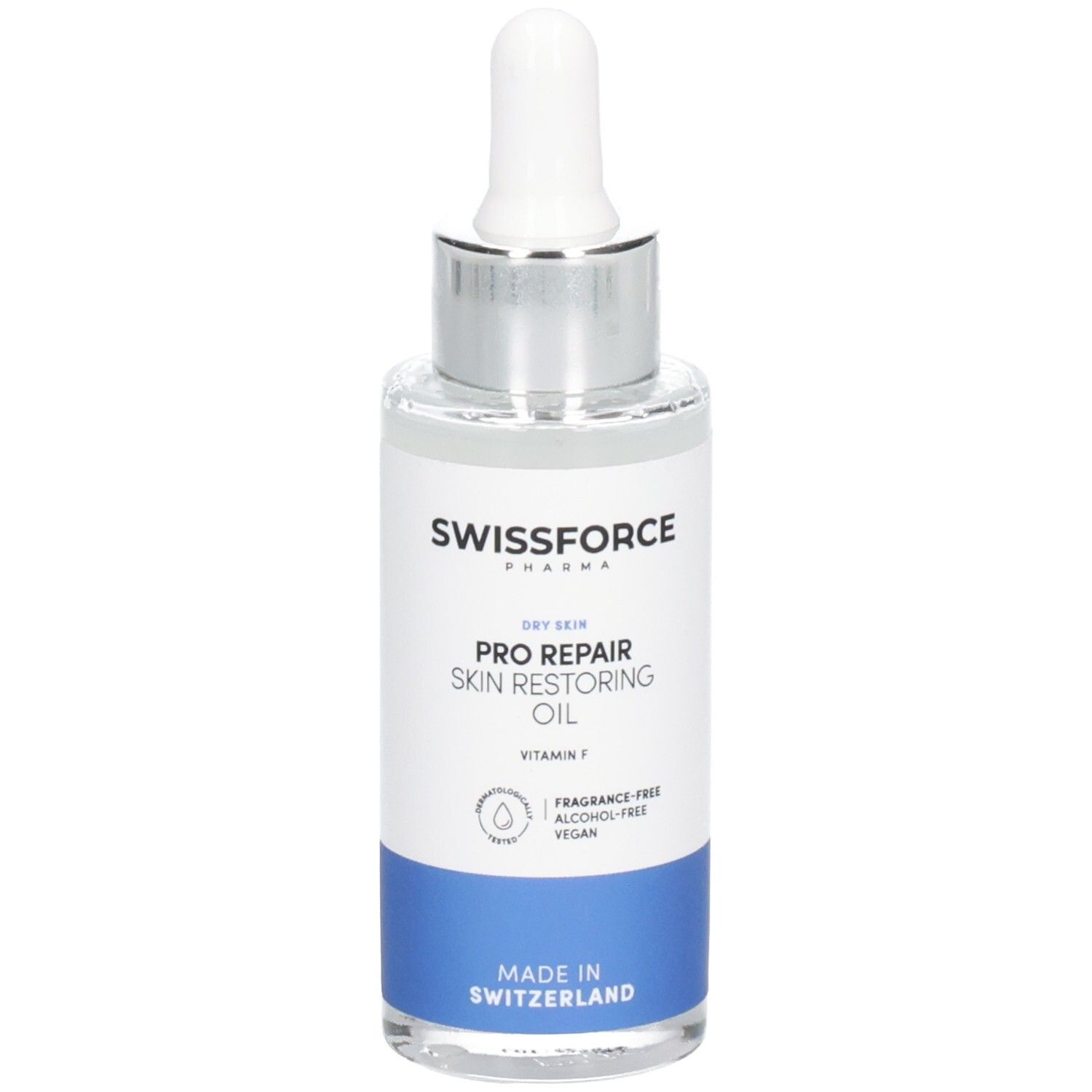 Flacon en verre avec pipette. SWISSFORCE Pharma. Pro Repair Skin Restoring Oil. Vitamine F. Sans parfum, alcool, végétalien. Fabriqué en Suisse.