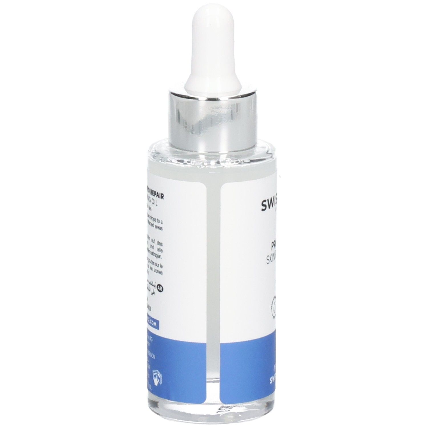 Flacon en verre avec pipette. SWISSFORCE Pharma. Pro Repair Skin Restoring Oil. Vitamine F. Fabriqué en Suisse. Dos avec texte.