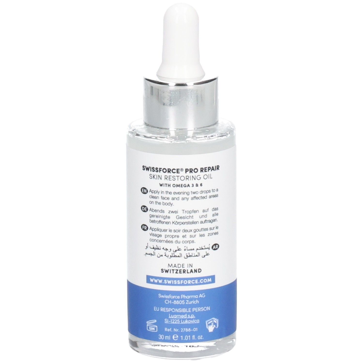 Flacon en verre avec pipette. SWISSFORCE Pharma. Pro Repair Skin Restoring Oil. Vitamine F. Fabriqué en Suisse. Dos avec texte.