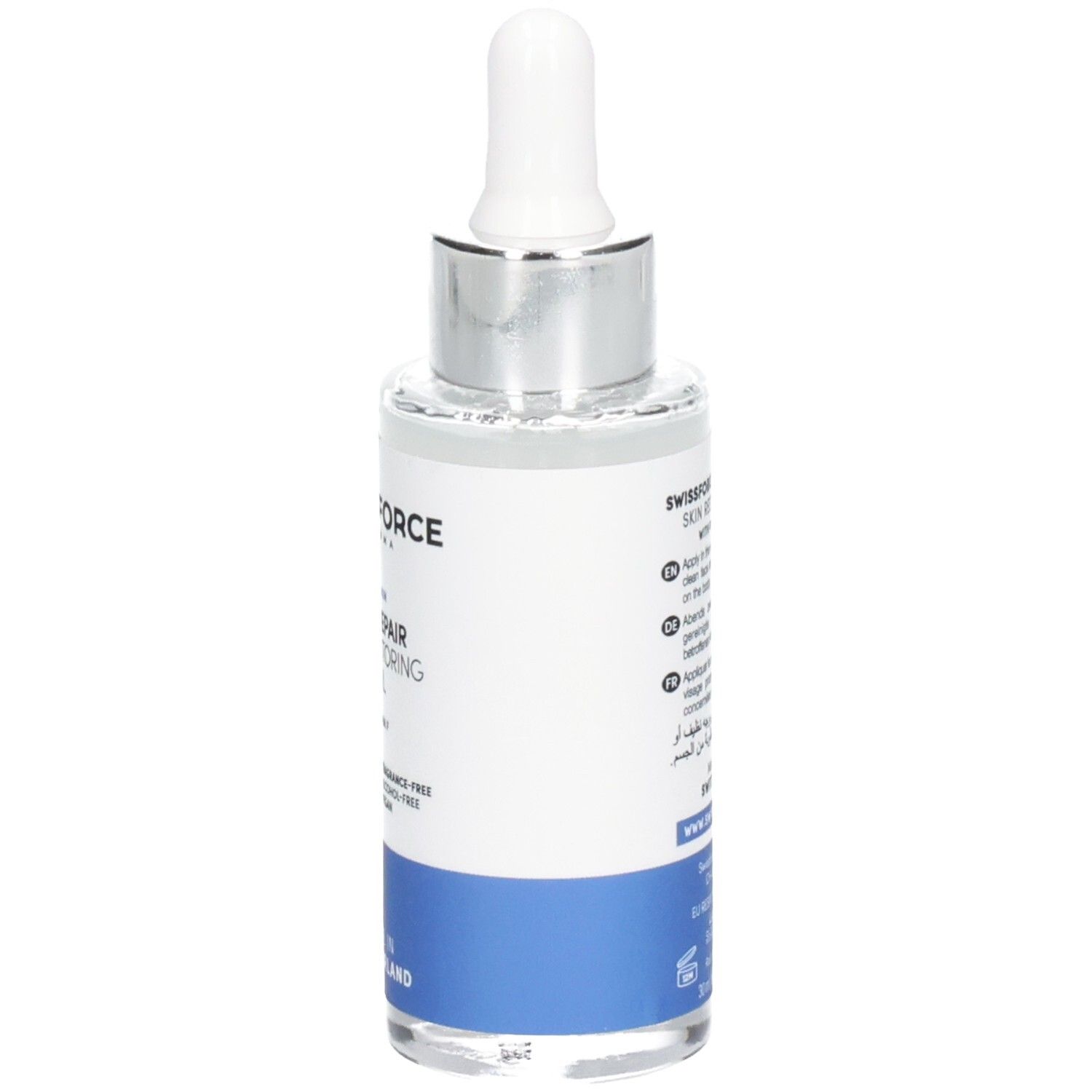 Flacon en verre avec pipette. SWISSFORCE Pharma. Pro Repair Skin Restoring Oil. Vitamine F. Fabriqué en Suisse. Dos avec texte.