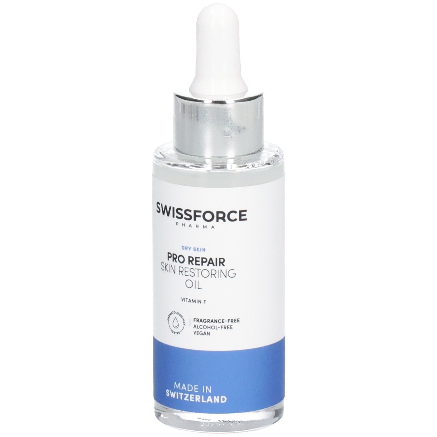 Flacon en verre avec pipette. SWISSFORCE Pharma. Pro Repair Skin Restoring Oil. Vitamine F. Sans parfum, alcool, végétalien. Fabriqué en Suisse.