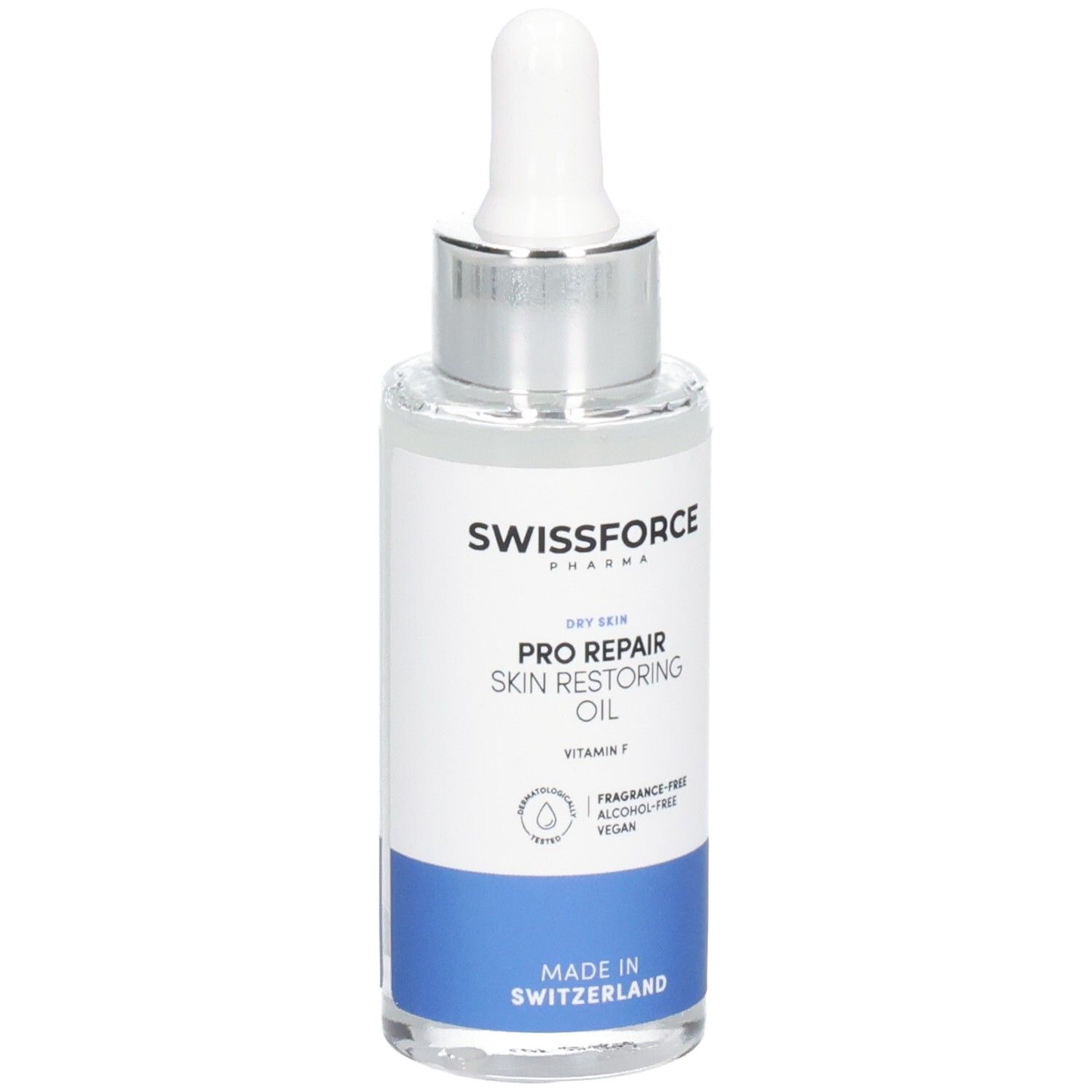 Flacon en verre avec pipette. SWISSFORCE Pharma. Pro Repair Skin Restoring Oil. Vitamine F. Sans parfum, alcool, végétalien. Fabriqué en Suisse.
