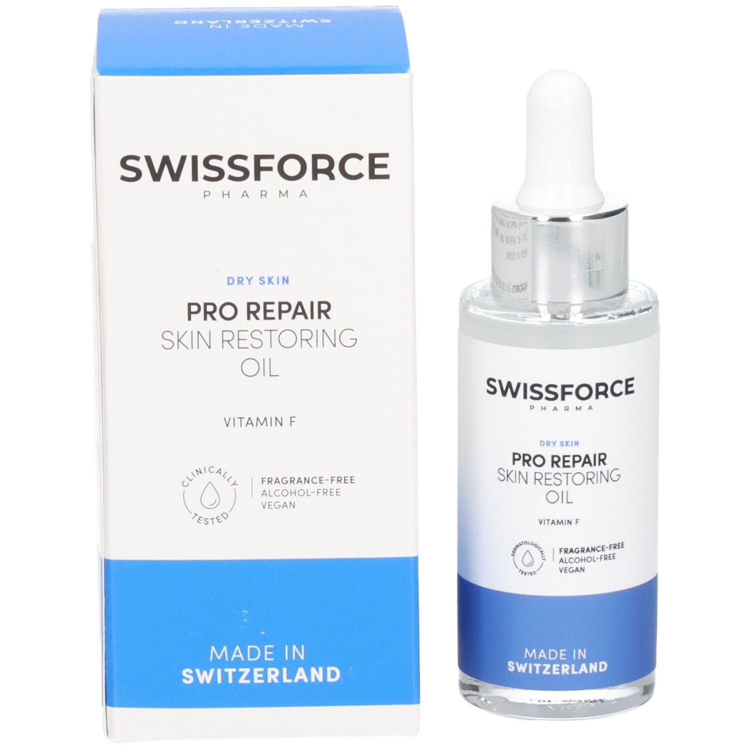 Flacon et boîte. SWISSFORCE Pharma. Pro Repair Skin Restoring Oil. Vitamine F. Sans parfum, alcool, végétalien. Fabriqué en Suisse.