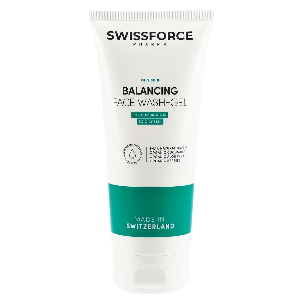 Weisse Tube mit grünem Streifen. Aufschrift: SWISSFORCE, Balancing Face Wash-Gel. Für Mischhaut bis fettige Haut. Dermatologisch getestet.