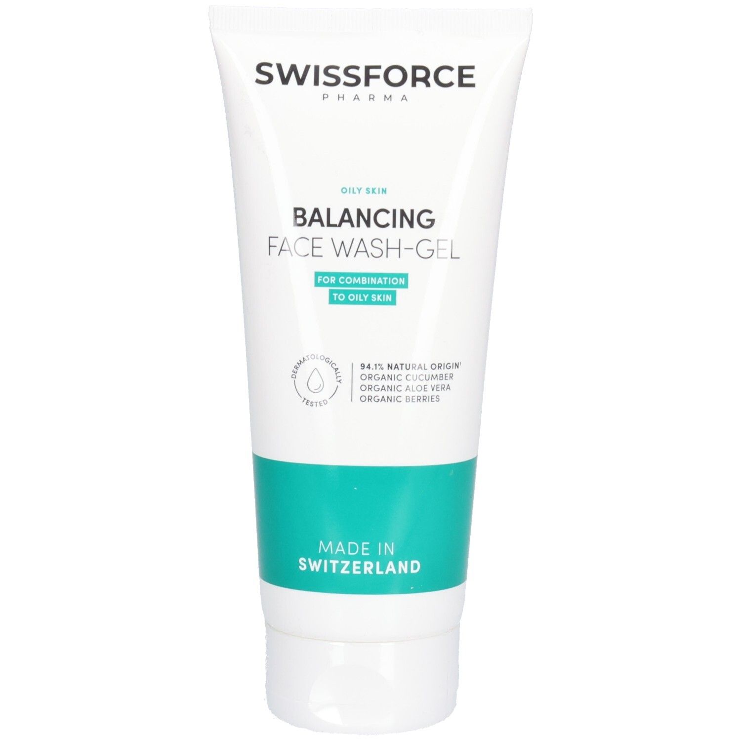 Weisse Tube mit grünem Streifen. Aufschrift: SWISSFORCE, Balancing Face Wash-Gel. Für Mischhaut bis fettige Haut. Dermatologisch getestet.