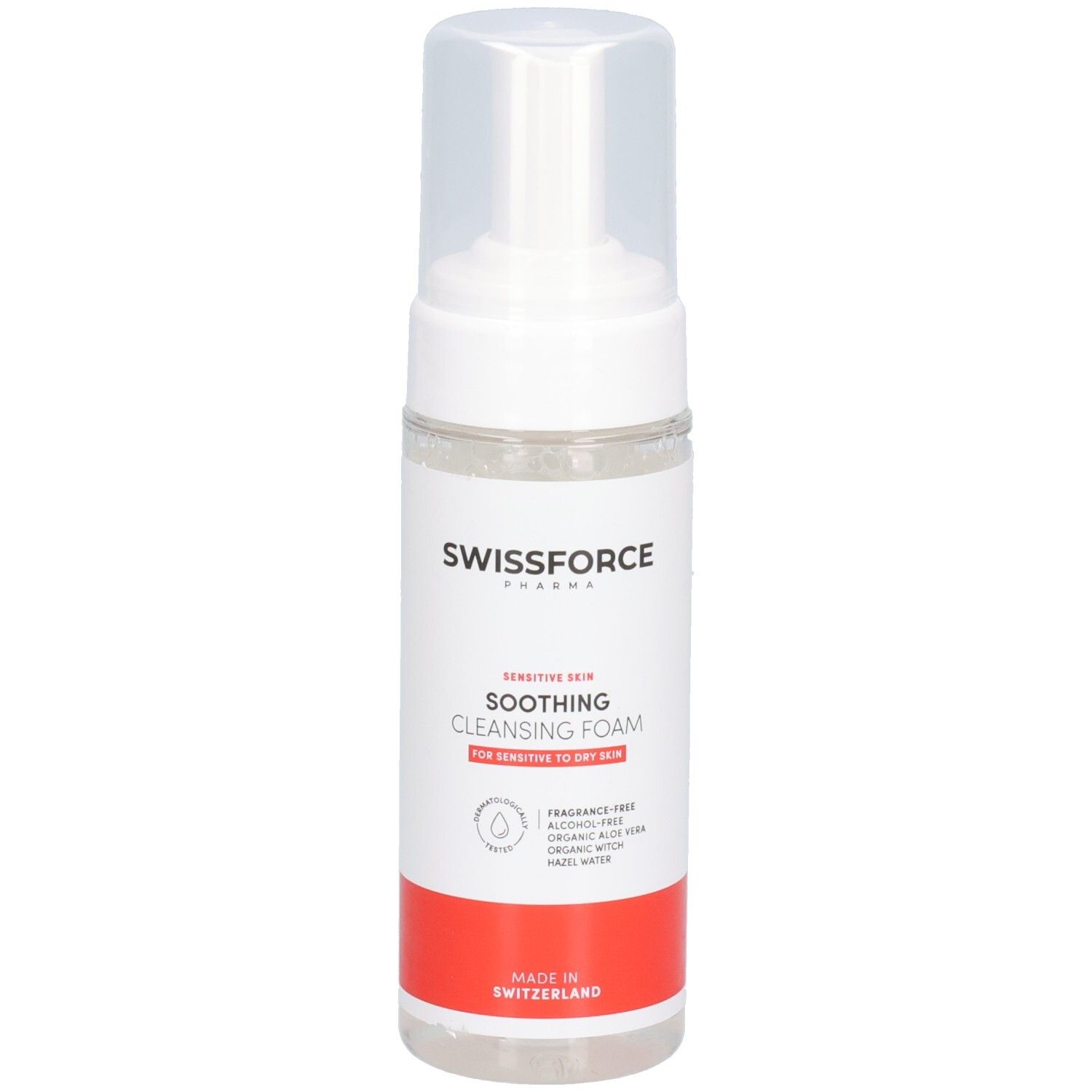 Weiß-transparente Flasche mit Sprühkopf. Aufschrift: SWISSFORCE, SOOTHING CLEANSING FOAM. Roter Streifen unten. Hergestellt in der Schweiz.