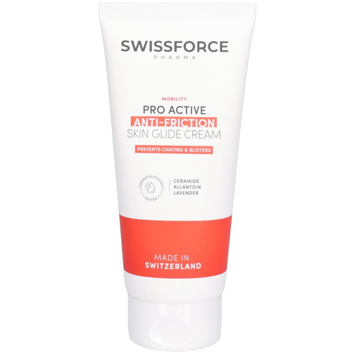 Weisse Tube mit rotem Streifen. Aufschrift: SWISSFORCE, PRO ACTIVE ANTI-FRICTION SKIN GLIDE CREAM. Enthält Ceramide, Allantoin, Lavendel.