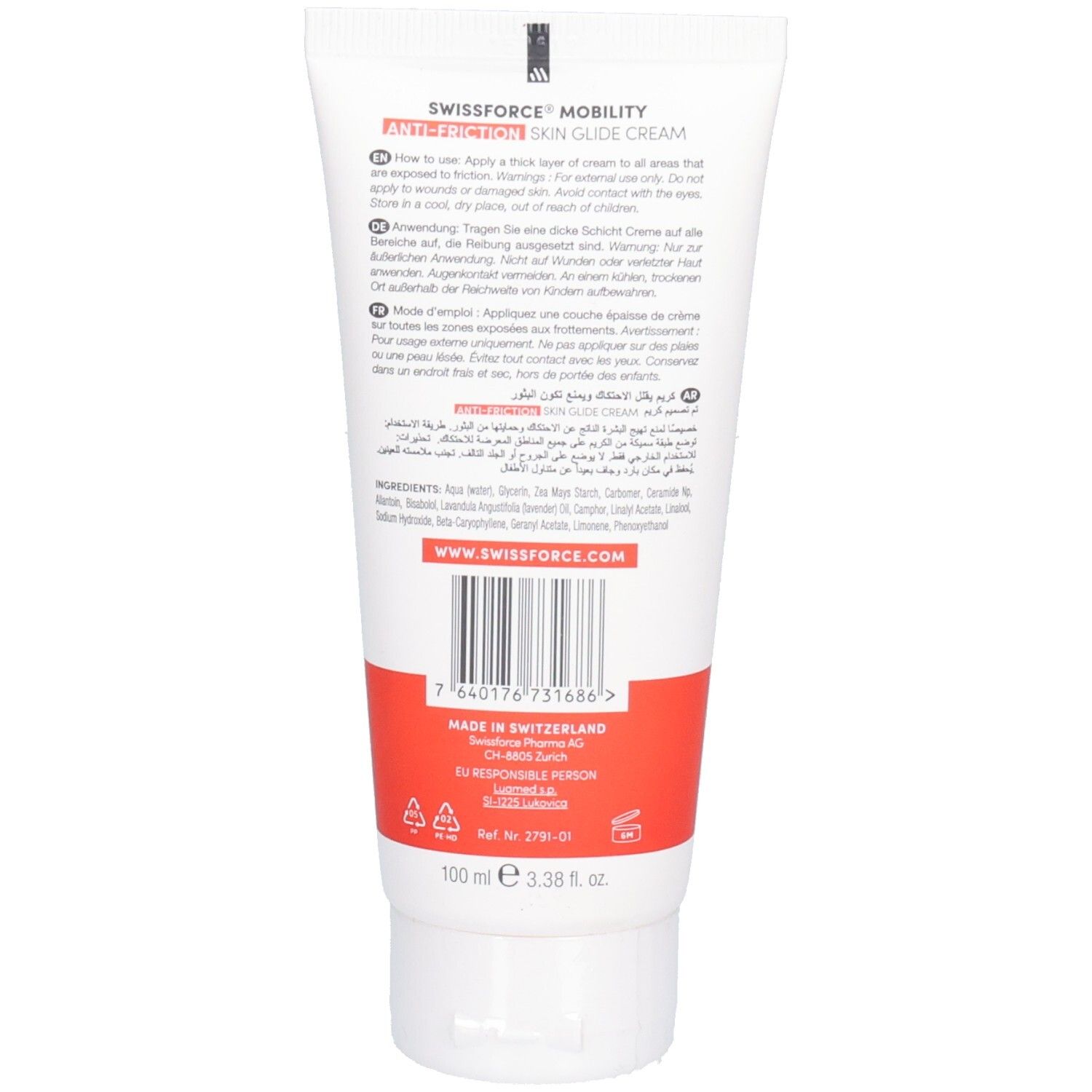 Rückseite der Tube. Text in mehreren Sprachen. Enthält Inhaltsstoffe. Hergestellt in der Schweiz. Volumen: 100 ml.