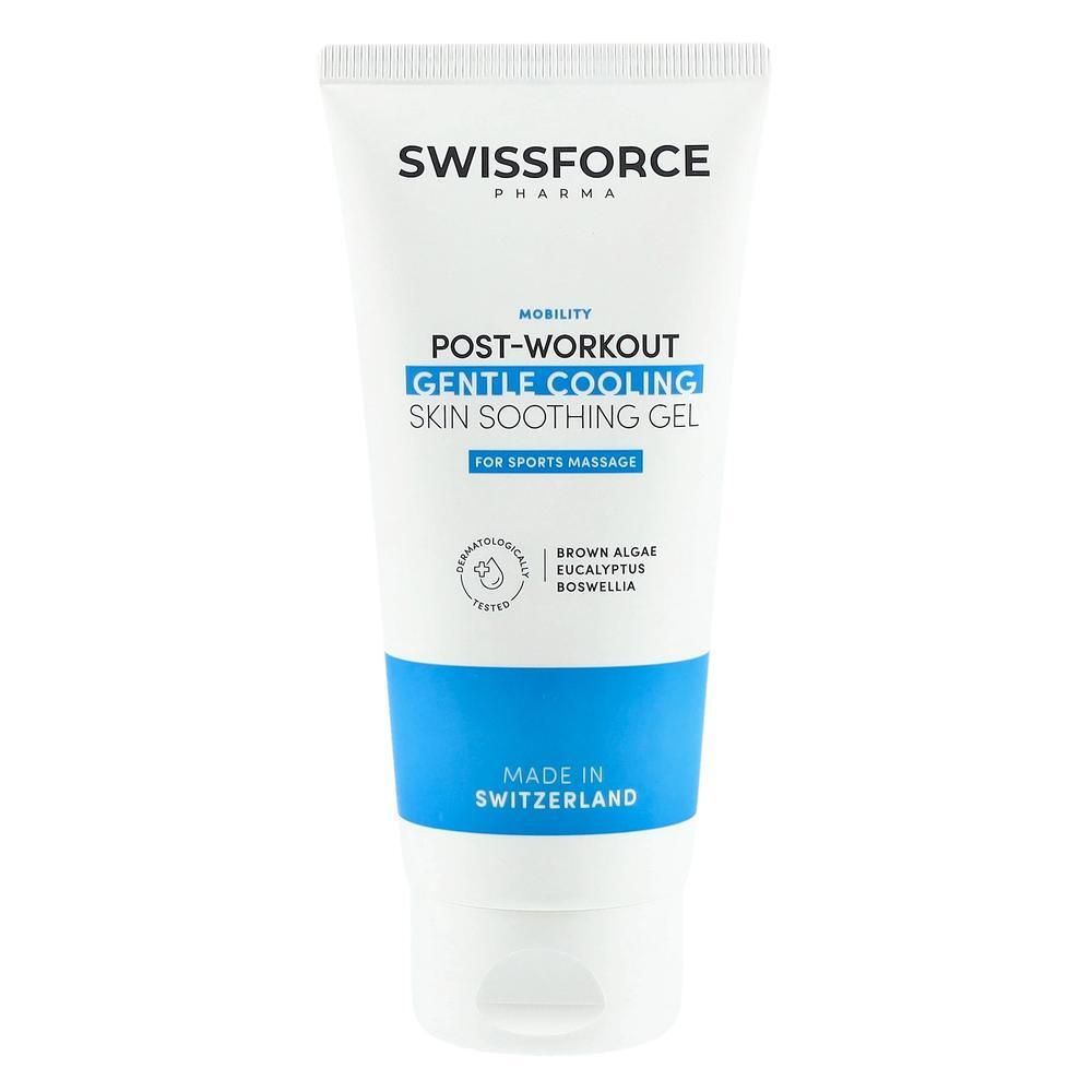 Weisse Tube mit blauem Streifen. Aufschrift: SWISSFORCE, POST-WORKOUT, GENTLE COOLING, SKIN SOOTHING GEL. Für Sportmassage.