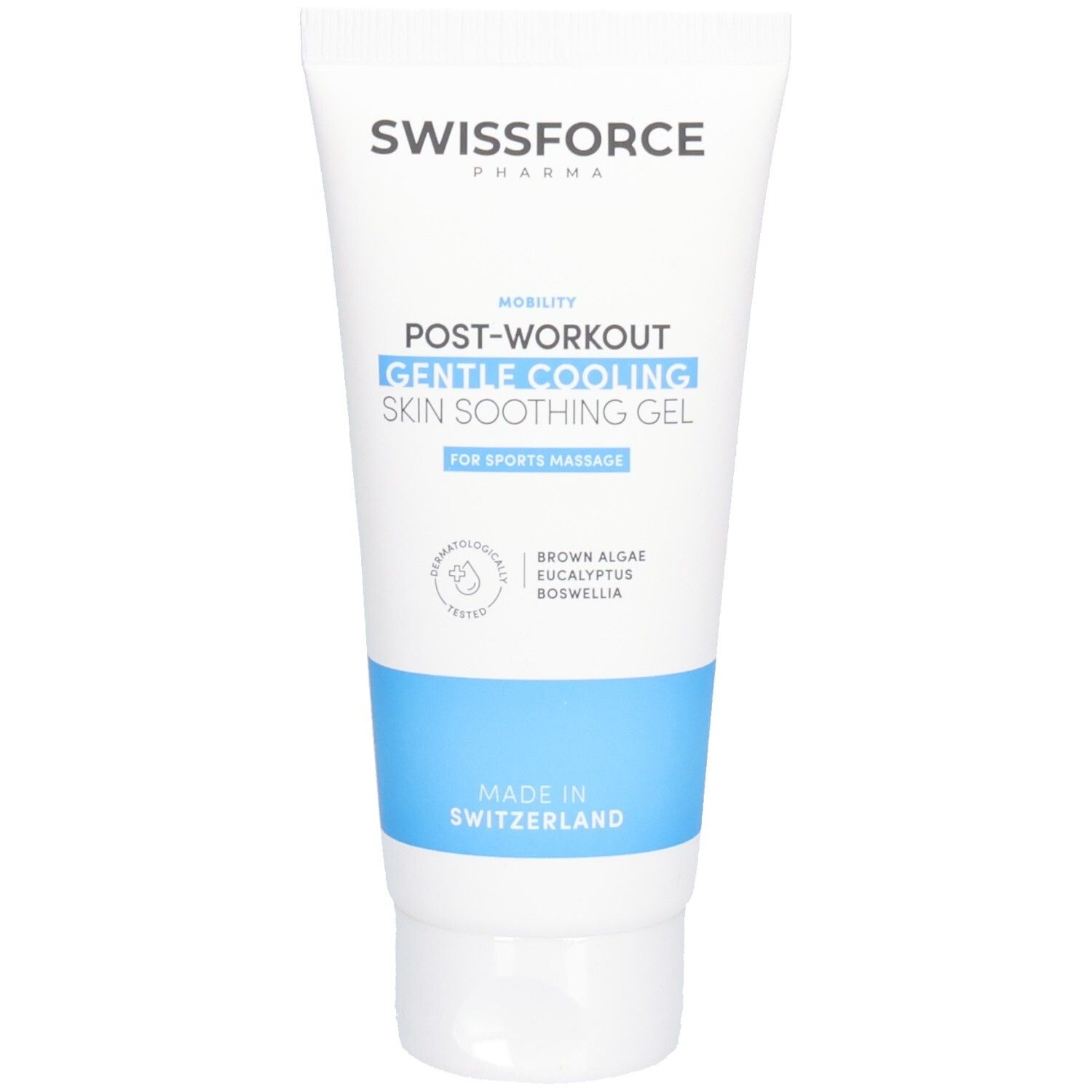 Weisse Tube mit blauem Streifen. Aufschrift: SWISSFORCE, POST-WORKOUT, GENTLE COOLING, SKIN SOOTHING GEL. Für Sportmassage.