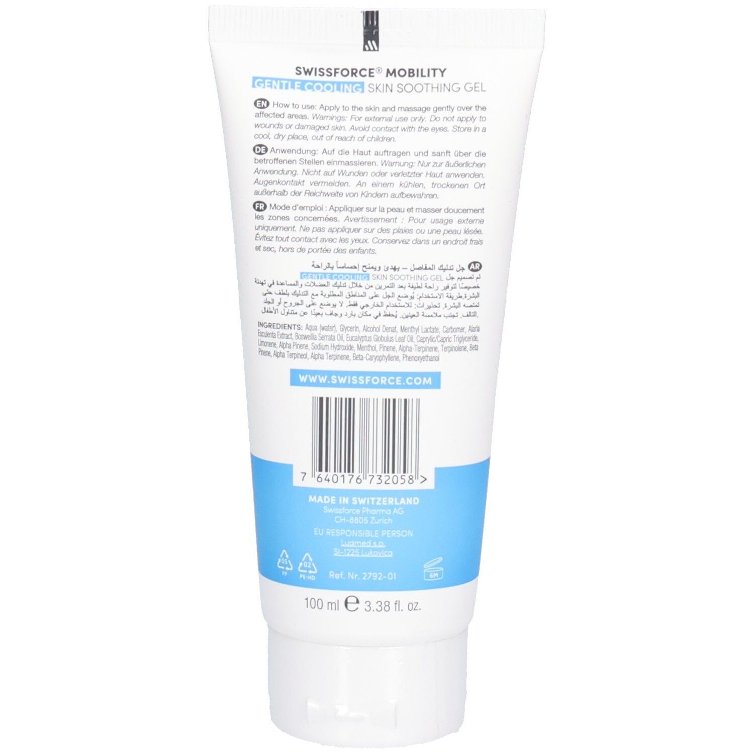 Rückseite einer weissen Tube. Text: Anwendungshinweise, Inhaltsstoffe, www.swissforce.com. Unten: 100 ml, Made in Switzerland.