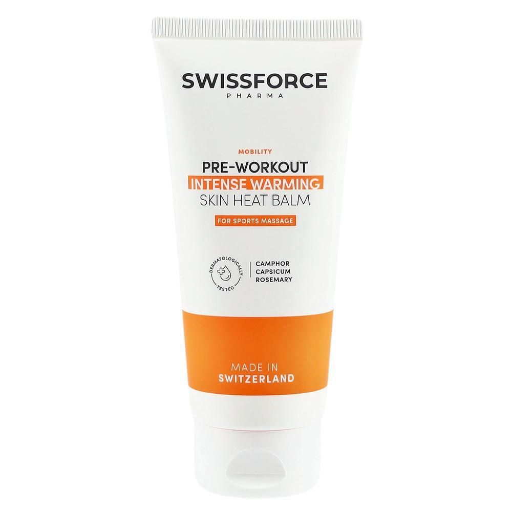 Weiß-orange Tube. SWISSFORCE Pharma. PRE-WORKOUT INTENSE WARMING SKIN HEAT BALM. Für Sportmassage. Dermatologisch getestet.
