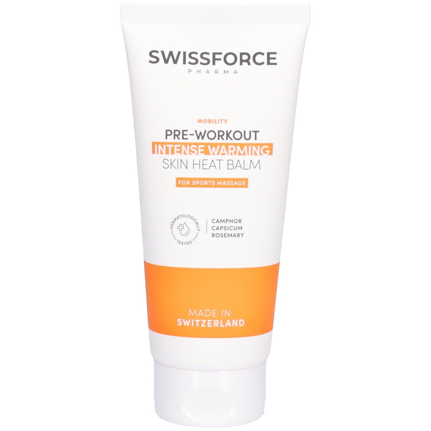 Weiß-orange Tube. SWISSFORCE Pharma. PRE-WORKOUT INTENSE WARMING SKIN HEAT BALM. Für Sportmassage. Dermatologisch getestet.