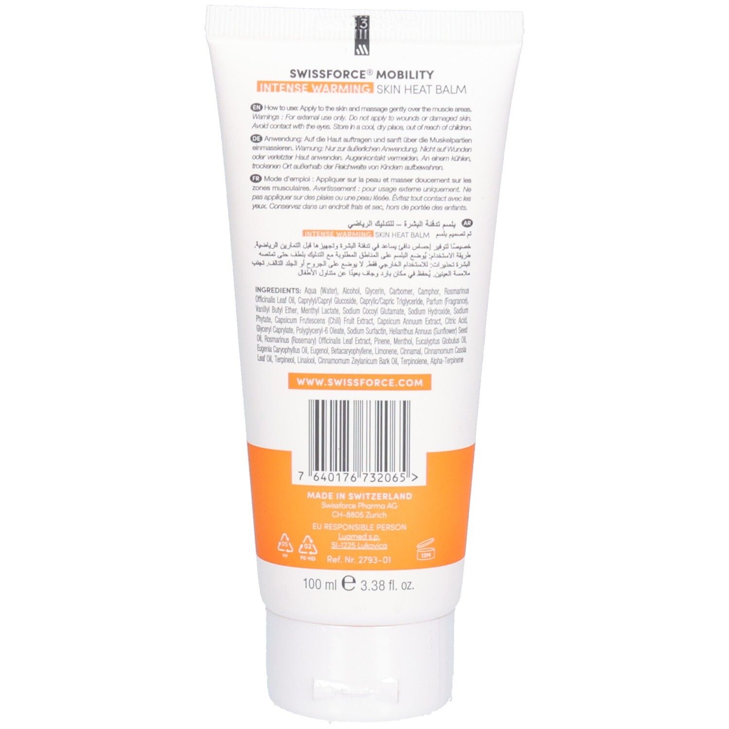 Rückseite einer Tube. Text und Barcode. Inhaltsstoffe, Anwendungshinweise. 100 ml. Hergestellt in der Schweiz. Orangefarbener Streifen.