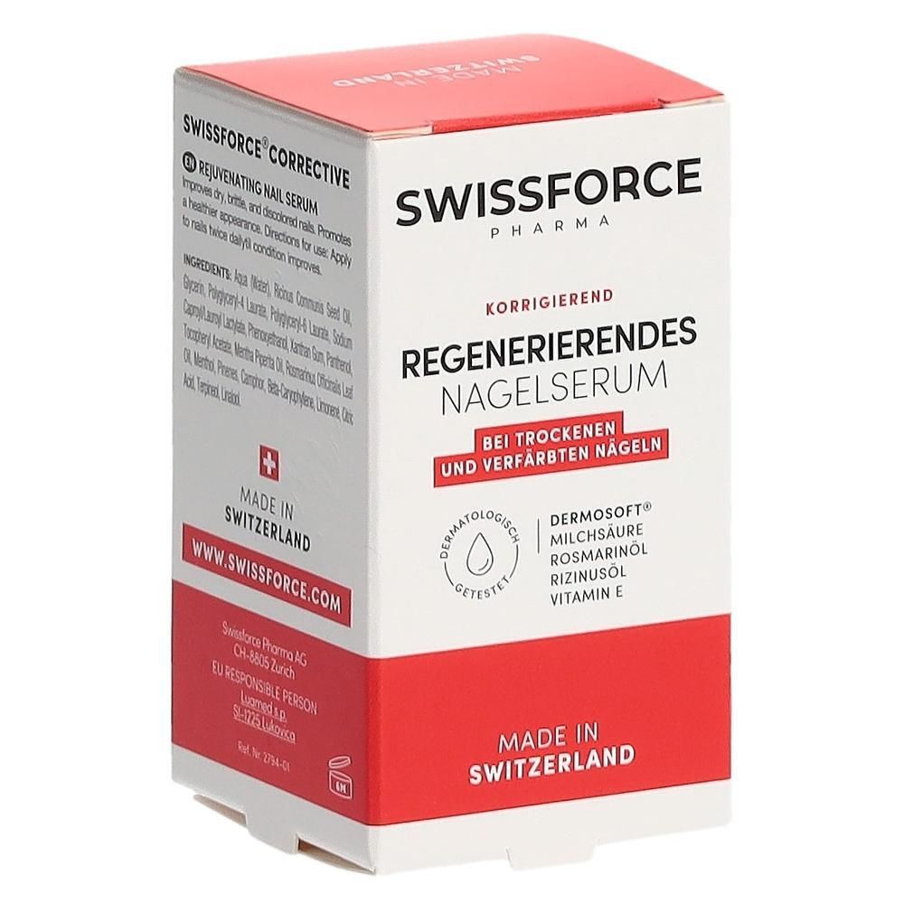 Korrektur Nagelserum in Schachtel. Swissforce Pharma. Rote und weiße Verpackung. Text: Regenerierendes Nagelserum.