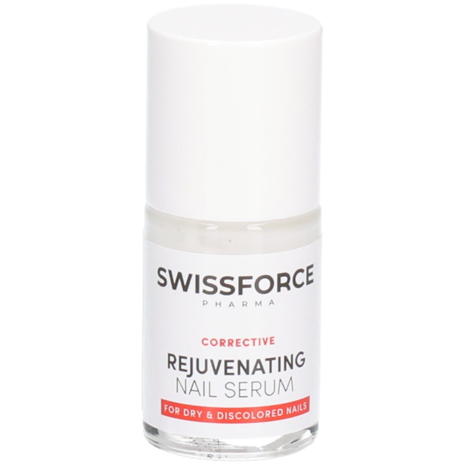 Nagelserum-Flasche. Swissforce Pharma. Weißer Deckel, transparente Flasche. Text: Rejuvenating Nail Serum. Für trockene Nägel.