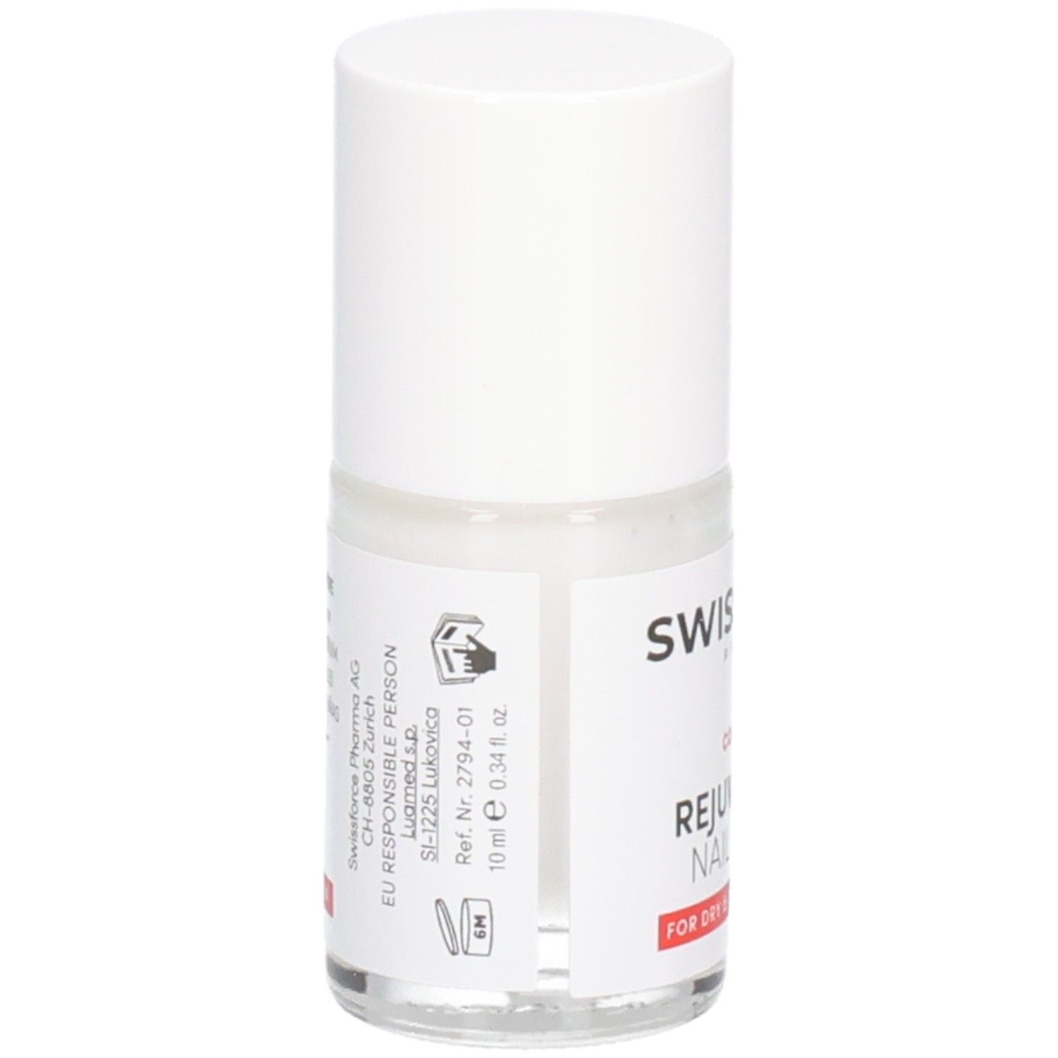 Nagelserum-Flasche. Swissforce Pharma. Weißer Deckel, transparente Flasche. Text: Rejuvenating Nail Serum. 10 ml.