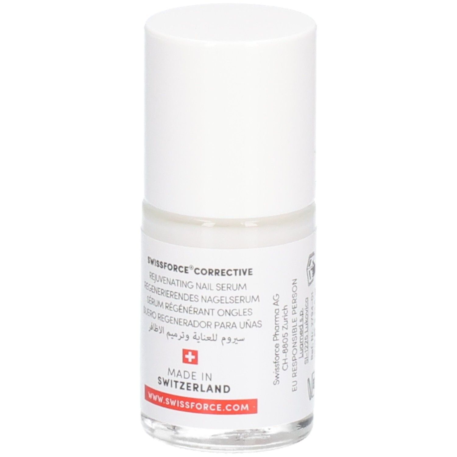 Nagelserum-Flasche. Swissforce Pharma. Weißer Deckel, transparente Flasche. Text: Rejuvenating Nail Serum. Made in Switzerland.
