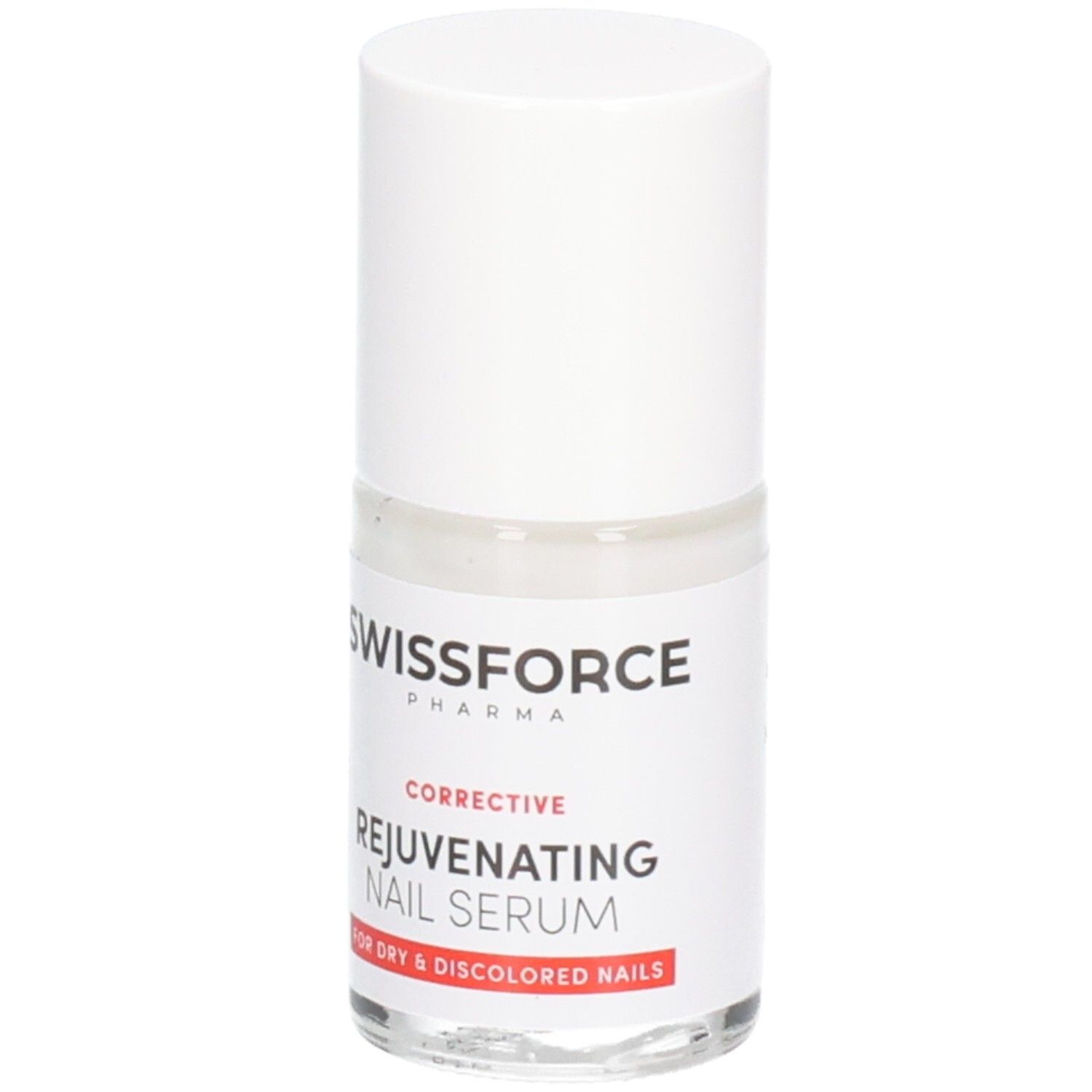 Nagelserum-Flasche. Swissforce Pharma. Weißer Deckel, transparente Flasche. Text: Rejuvenating Nail Serum. Für trockene Nägel.