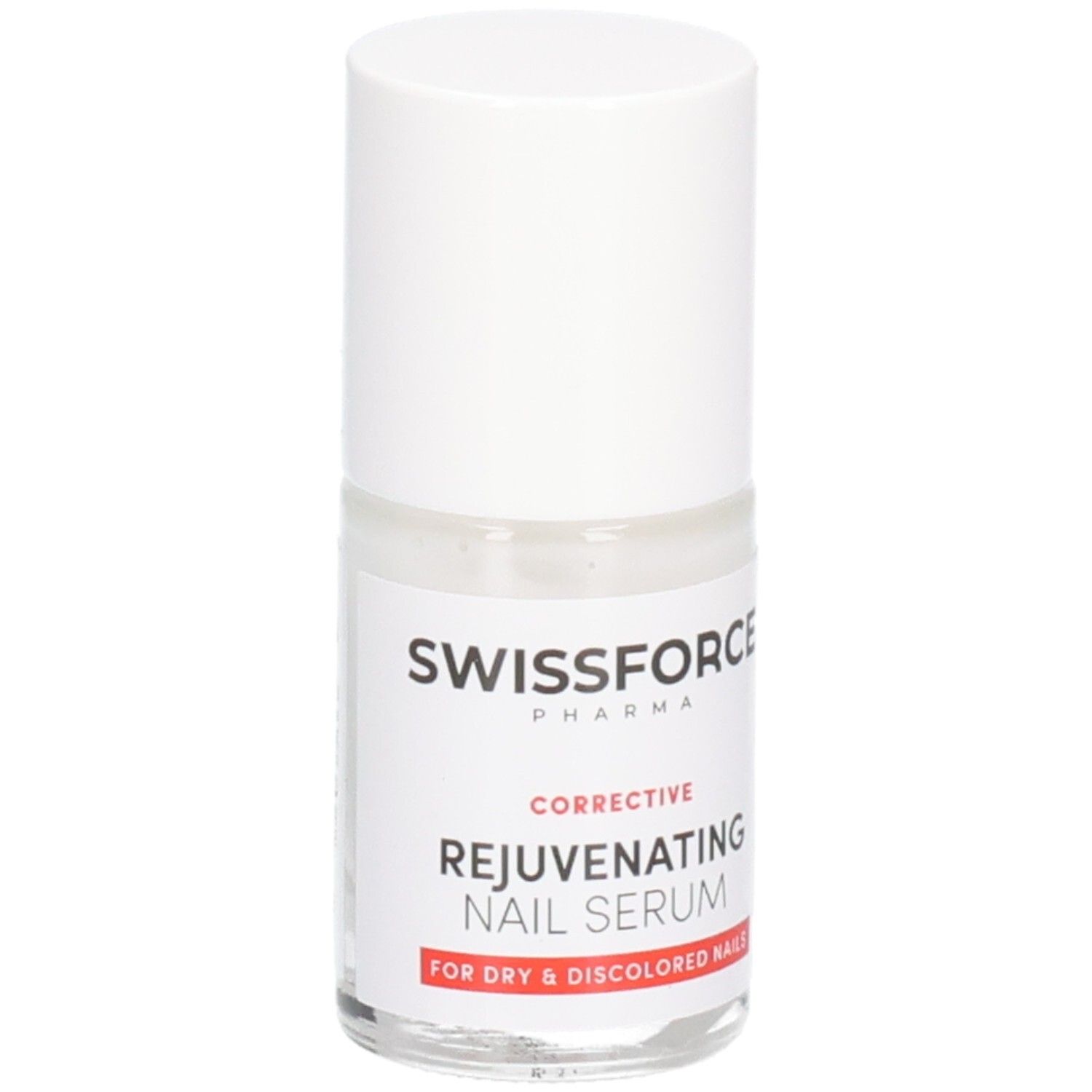 Nagelserum-Flasche. Swissforce Pharma. Weißer Deckel, transparente Flasche. Text: Rejuvenating Nail Serum. Für trockene Nägel.