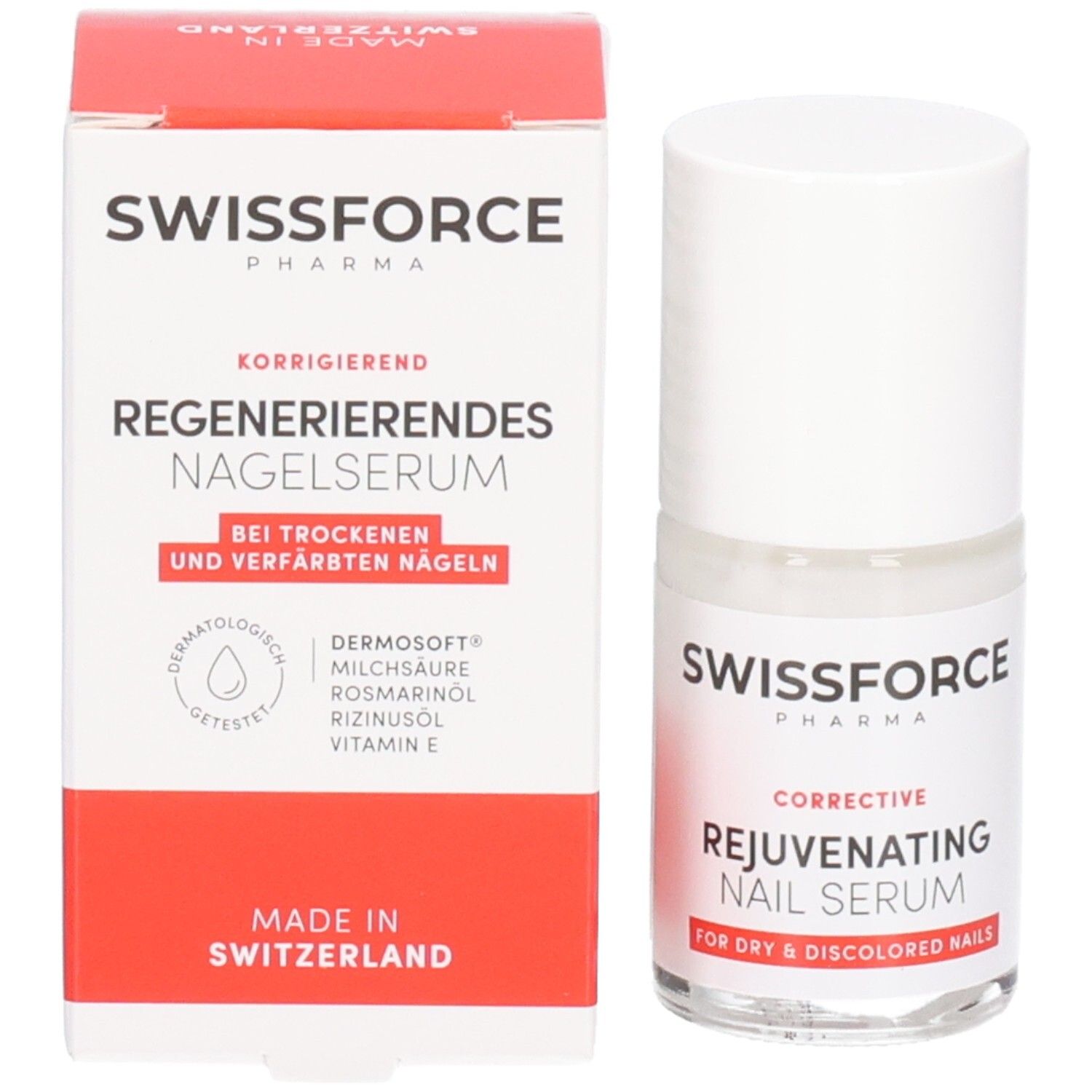 Nagelserum-Flasche und Schachtel. Swissforce Pharma. Text: Regenerierendes Nagelserum. Für trockene und verfärbte Nägel.