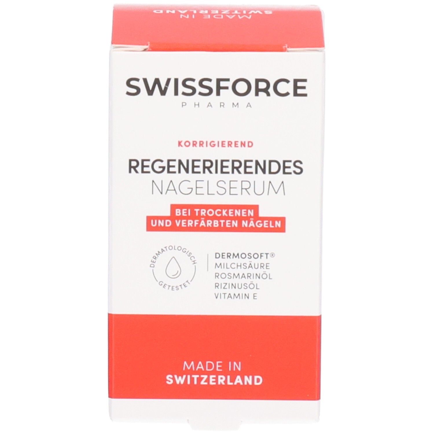 Schachtel. Swissforce Pharma. Text: Regenerierendes Nagelserum. Für trockene und verfärbte Nägel. Made in Switzerland.