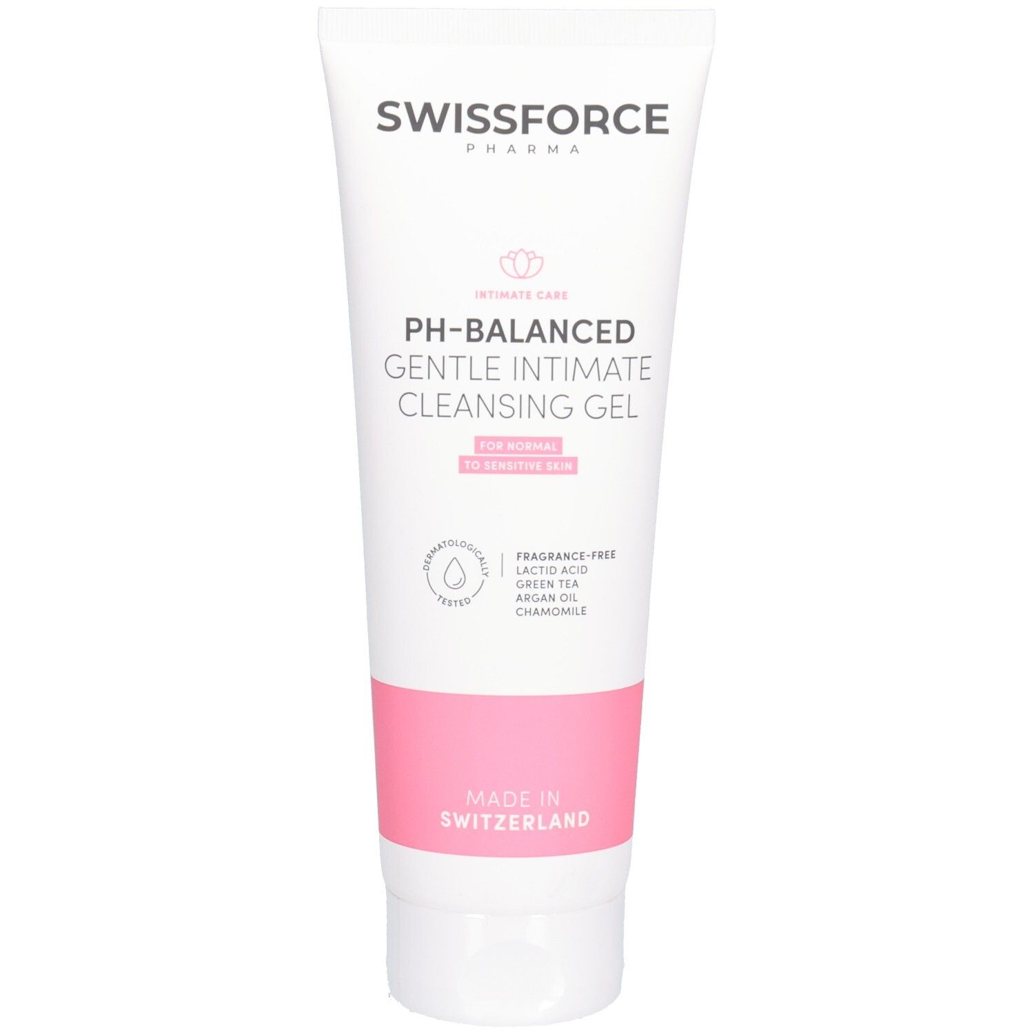 Weiß-rosa Tube. Text: SWISSFORCE, PH-Balanced Gentle Intimate Cleansing Gel, für normale Haut. Ohne Duftstoffe. Logo.