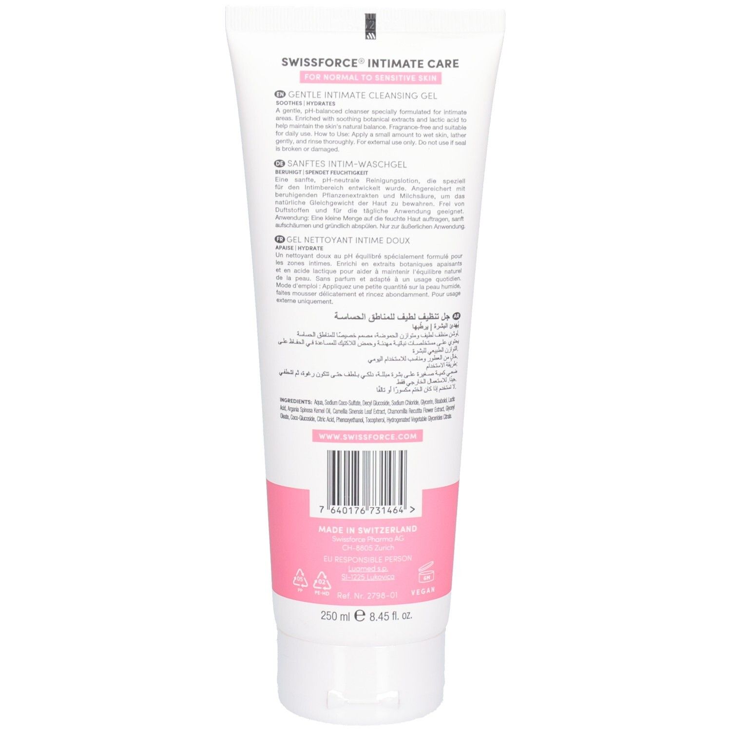 Rückseite der Tube. Text: SWISSFORCE Intimate Care, sanftes Intim-Waschgel, Gel nettoyant intime doux. Inhaltsstoffe, Barcode, Logo.
