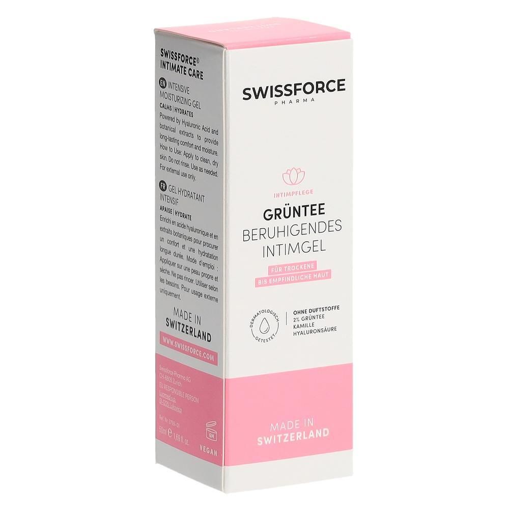 Weiß-rosa Verpackung. Text: SWISSFORCE, Intimpflege, Grüner Tee beruhigendes Intimgel. Ohne Duftstoffe. Vegan. Hergestellt in der Schweiz.