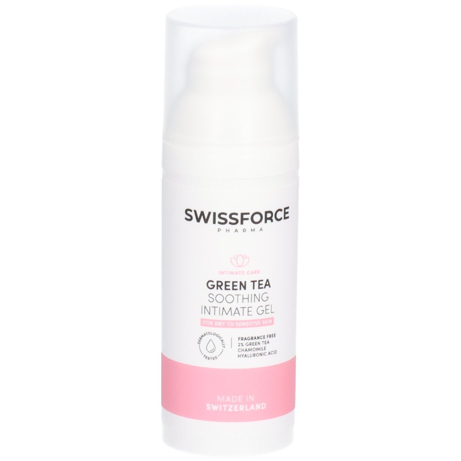 SWISSFORCE GREEN TEA beruhigendes Intim-Gel in Spenderflasche.