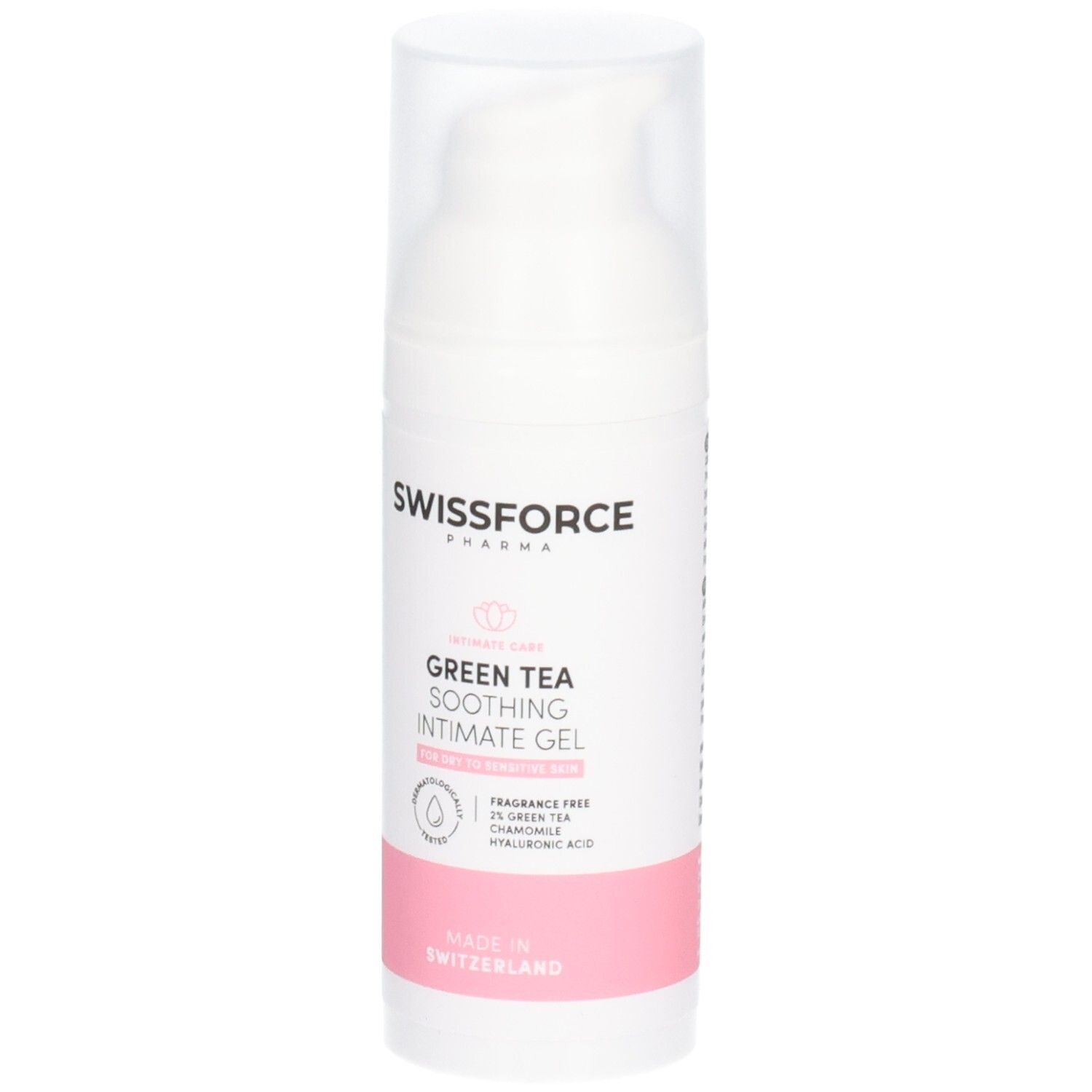Weiße Flasche mit durchsichtigem Deckel. Text: SWISSFORCE. Aufschrift: Grüner Tee beruhigendes Intimgel. Vegan. Hergestellt in der Schweiz.