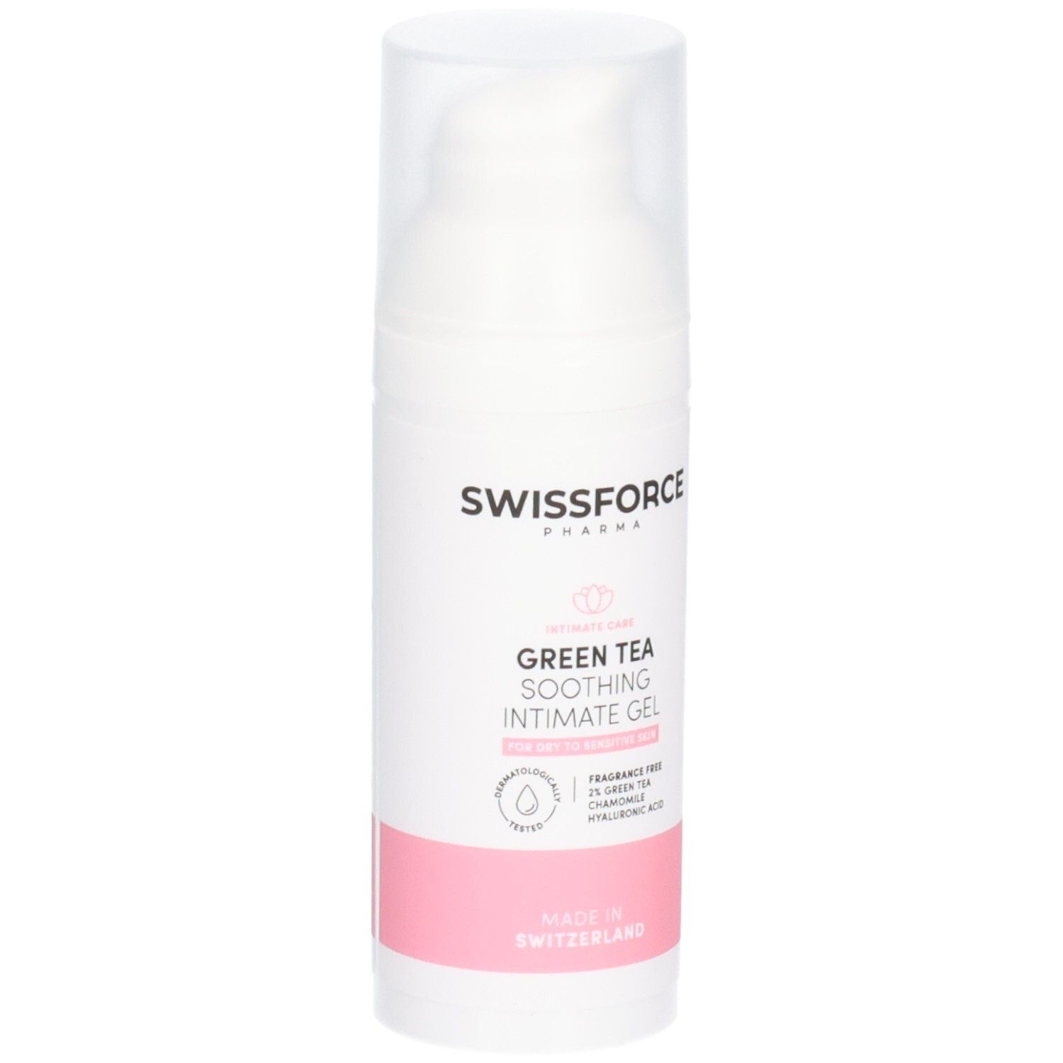 Weiße Flasche mit durchsichtigem Deckel. Text: SWISSFORCE. Aufschrift: Grüner Tee beruhigendes Intimgel. Vegan. Hergestellt in der Schweiz.