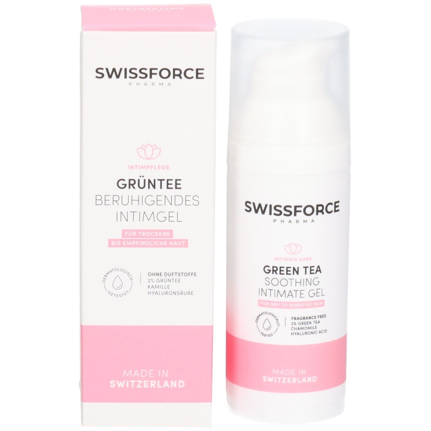 Produkt und Verpackung. Weiße Flasche und rosa-weiße Verpackung. Text: SWISSFORCE, Grüner Tee beruhigendes Intimgel. Vegan. Hergestellt in der Schweiz.