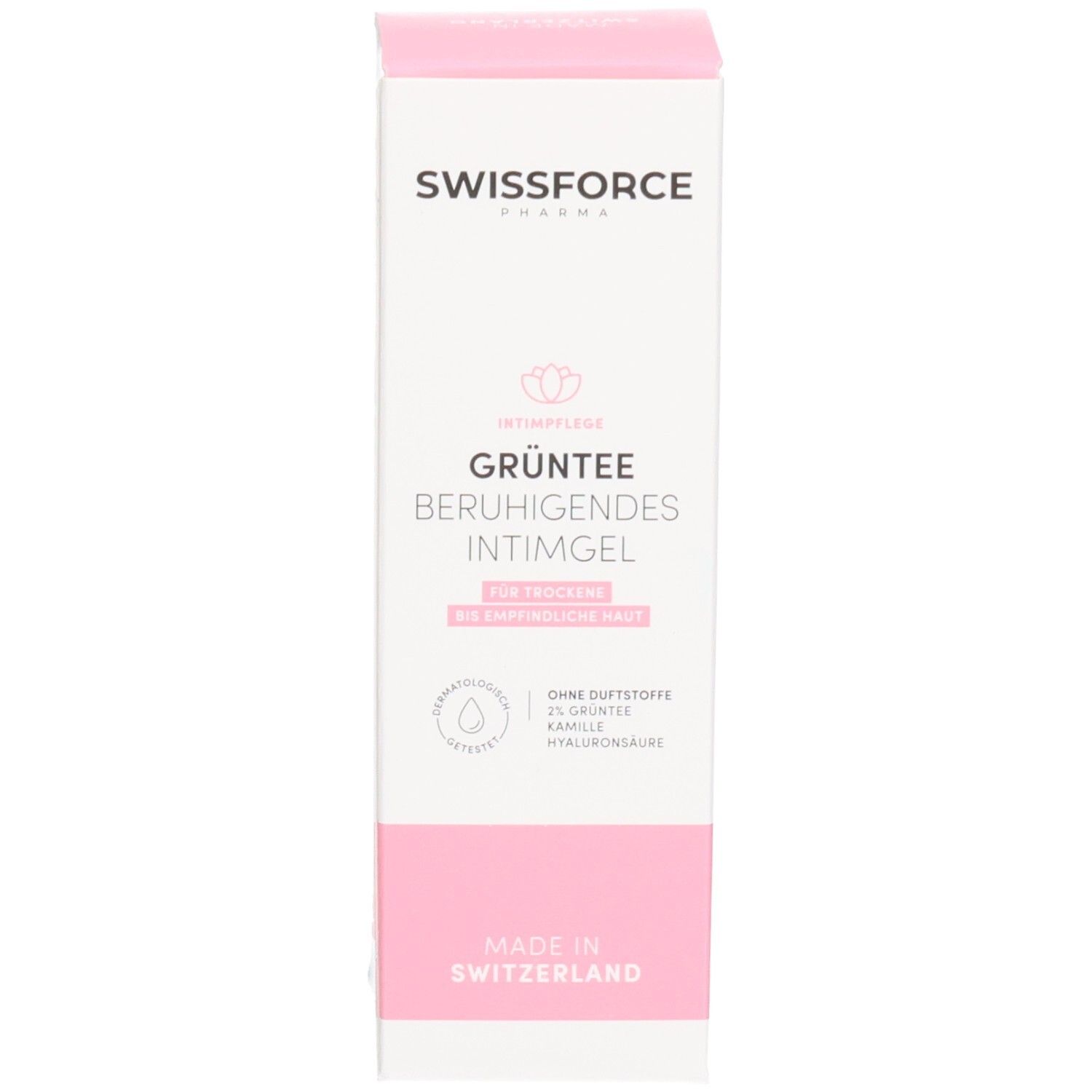 Rosa-weiße Verpackung. Text: SWISSFORCE, Grüner Tee beruhigendes Intimgel. Ohne Duftstoffe. Vegan. Hergestellt in der Schweiz.