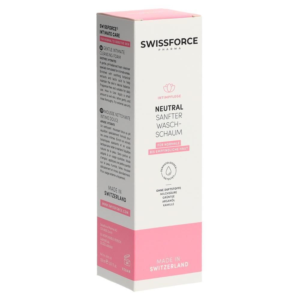 Kartonverpackung mit Produktinformationen. Marke SWISSFORCE. Text: Neutral Sanfter Waschschaum. Rosa und weiße Farbgebung. Hergestellt in der Schweiz.