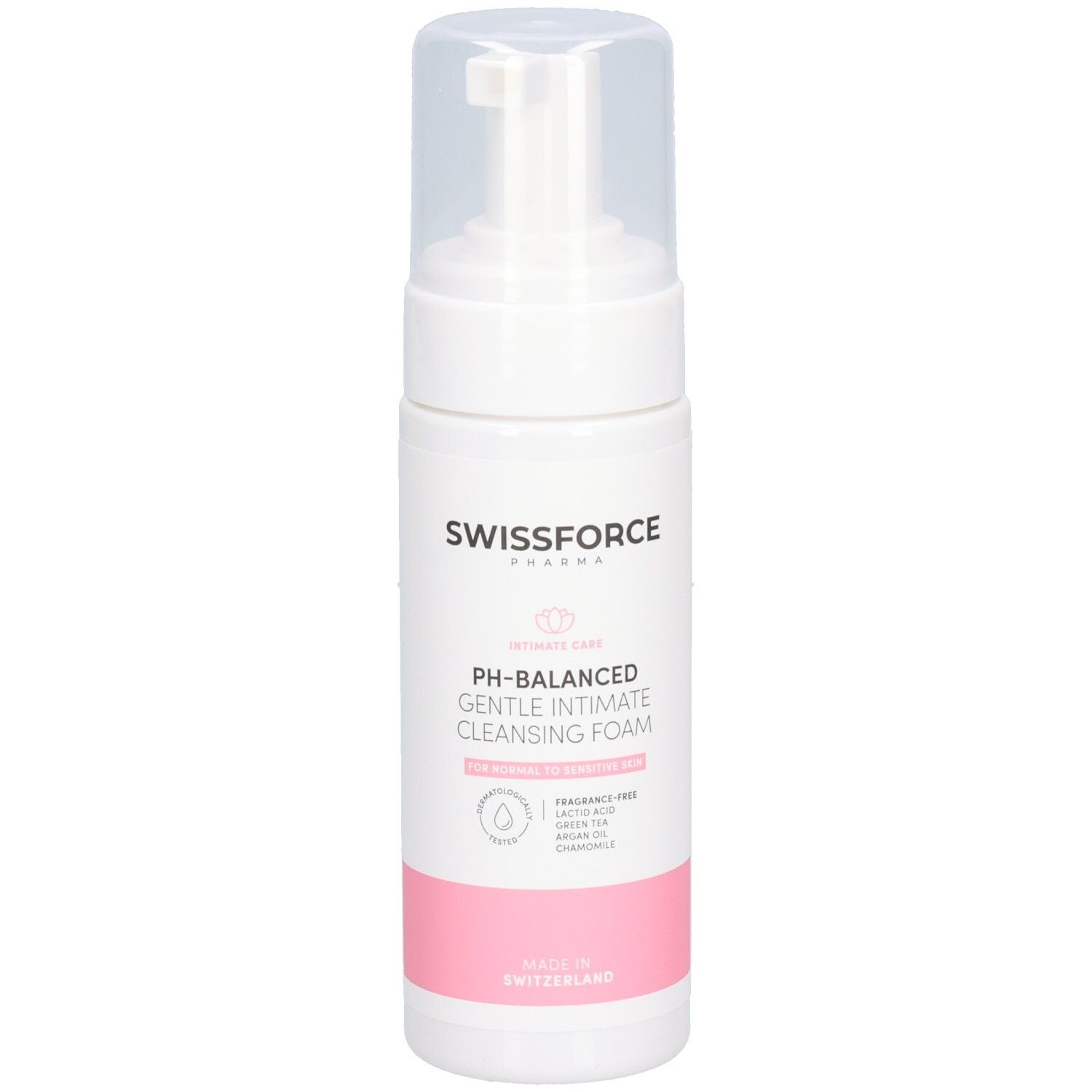 Weiße Flasche mit Pumpverschluss. Marke SWISSFORCE. Text: pH-ausgeglichener sanfter Intim-Reinigungsschaum. Rosa Akzente. Hergestellt in der Schweiz.
